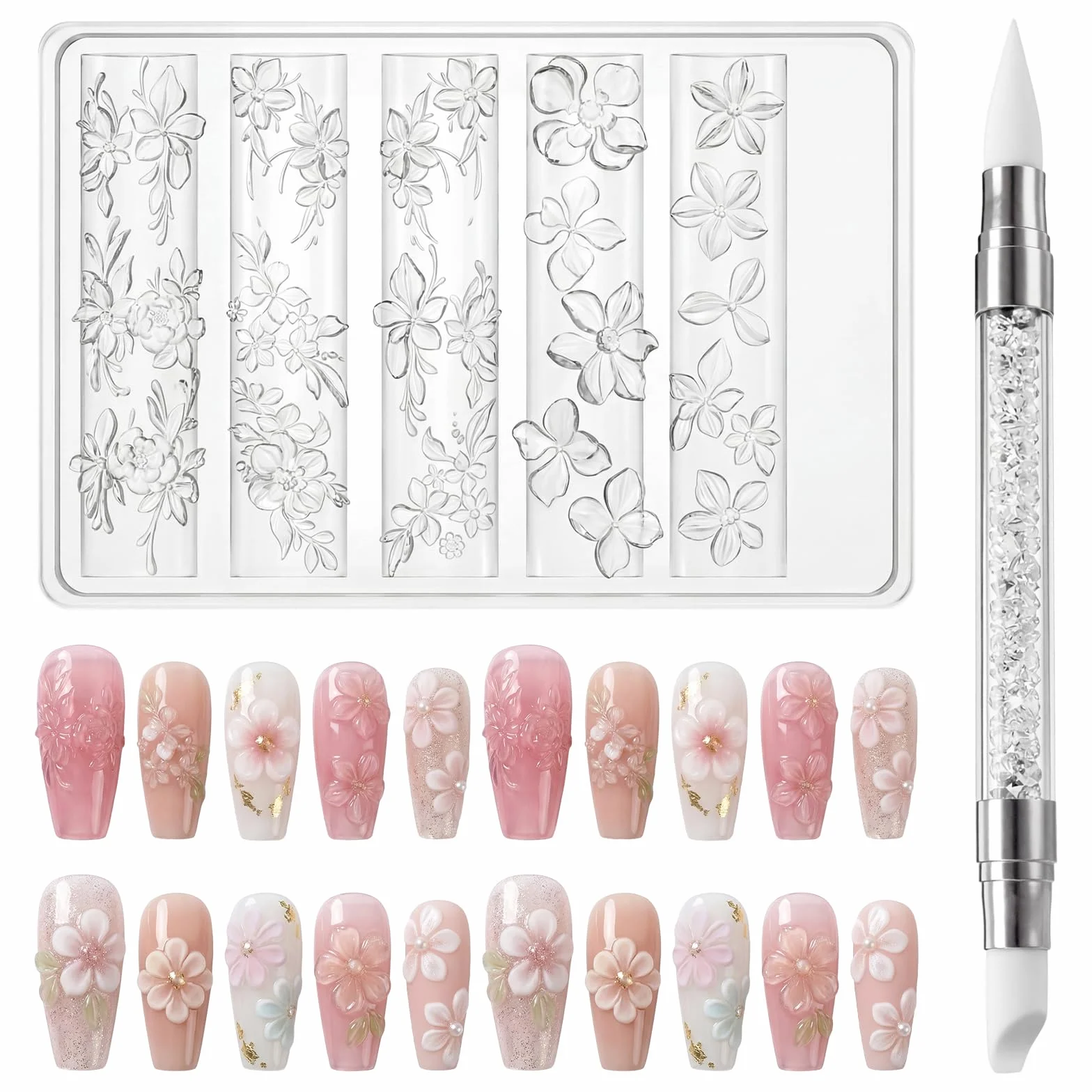 Set de Moldes de Silicona 3D para Diseño de Uñas, Flores y Encajes DIY con Lápiz Aplicador