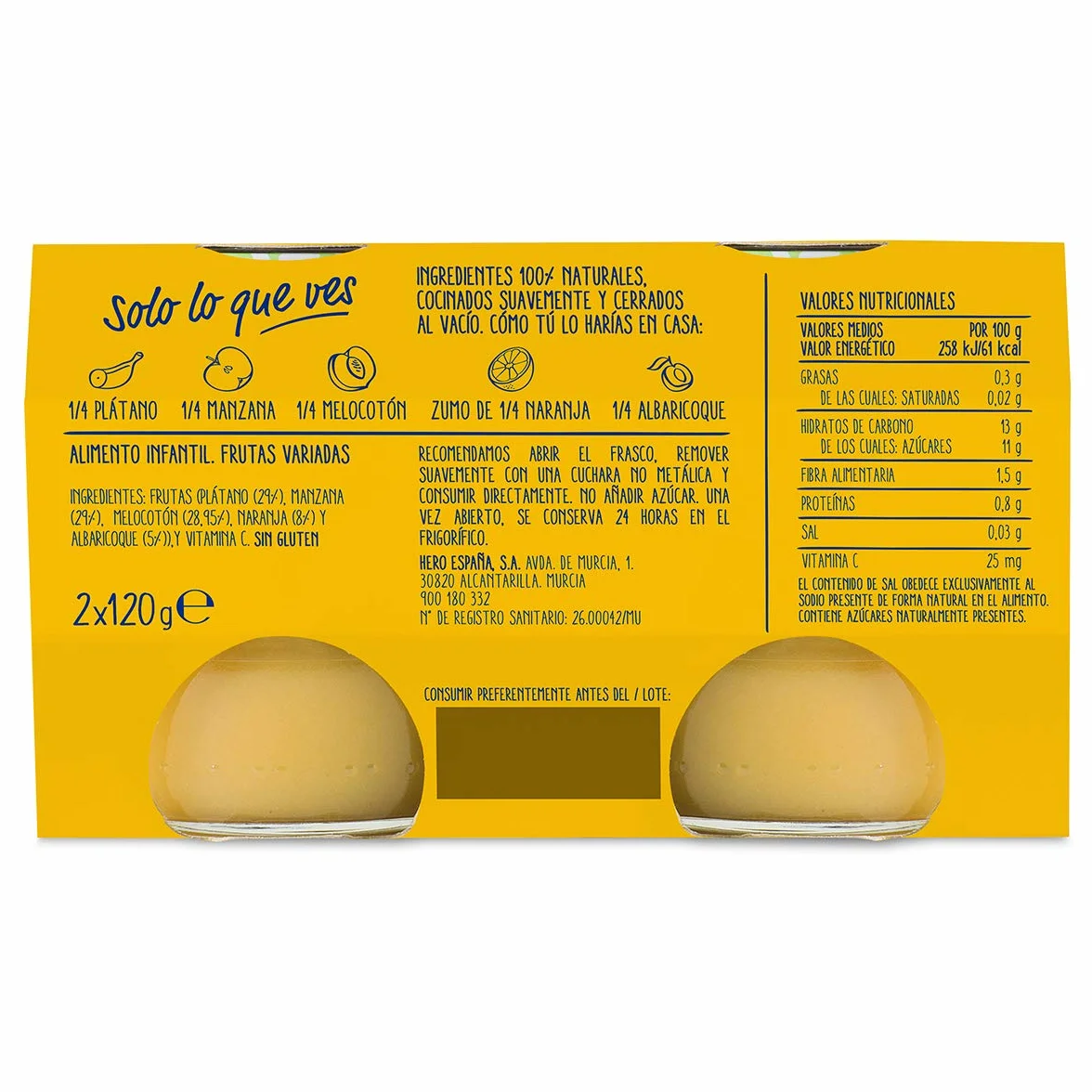 Hero Baby Tarritos de Frutas Variadas 100% Naturales Sin Azucares Añadidos Alimento Infantil 4 meses 120 g Pack 12