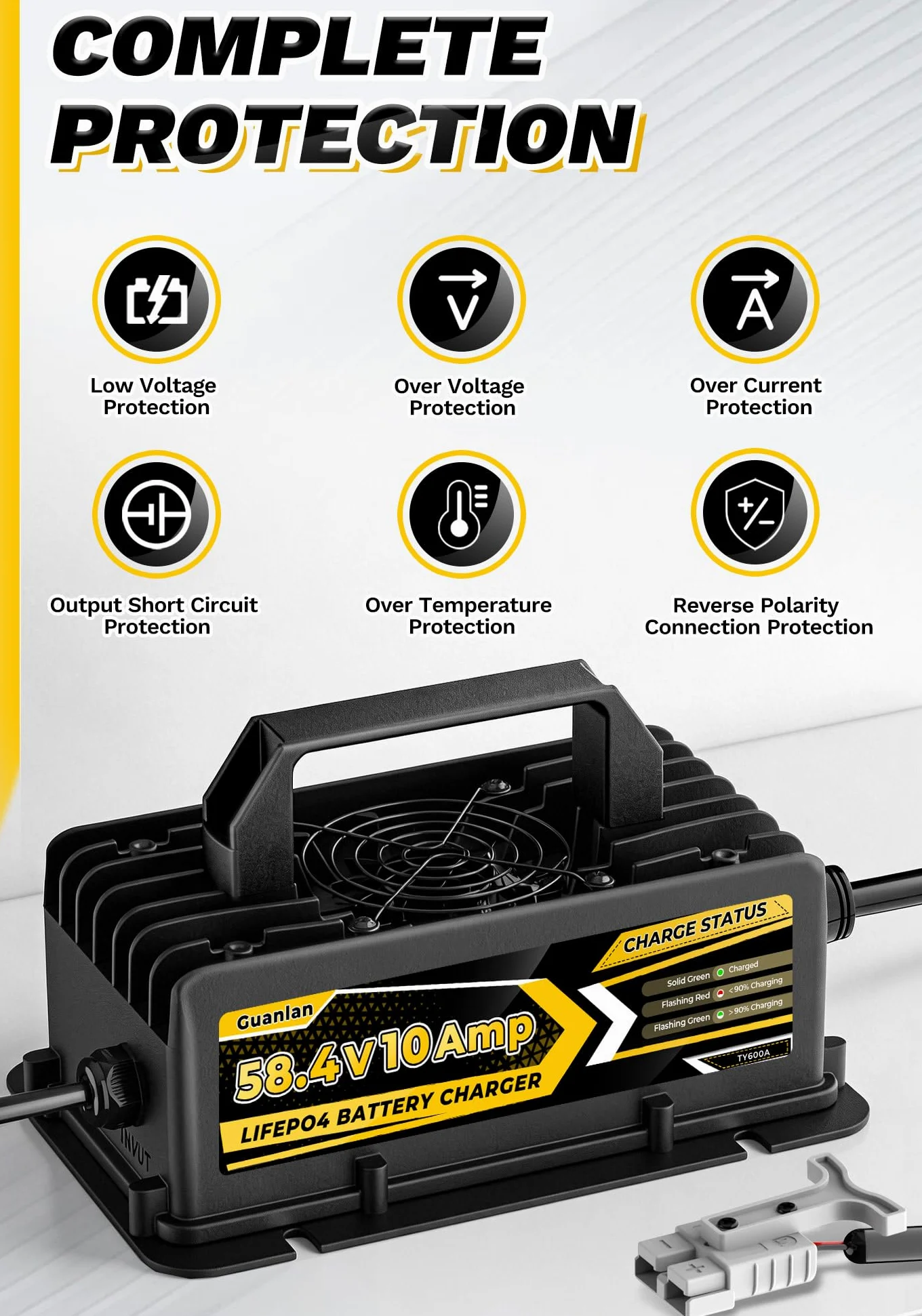 58,4V 10A Cargador de Batería Litio para 48V (51.2V) LiFePO4 Baterías, 48V Cargador de Batería LiFePO4 para Autocaravanas, Barcos, Vehículos Marinos y Sistemas Solar