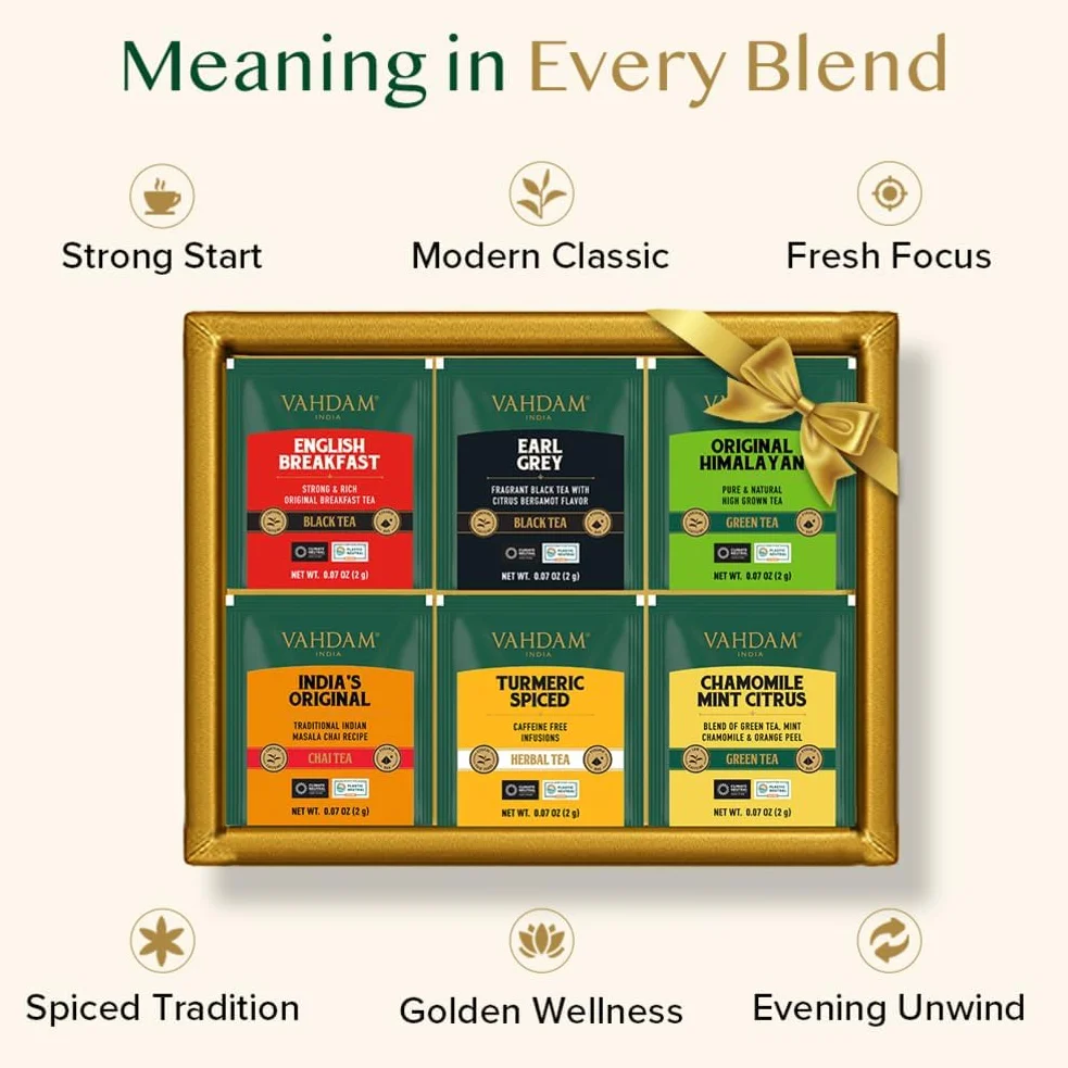 VAHDAM Founder's Selection Caja De Regalo De Té 6 Sabores 36 Bolsas Surtido De Té