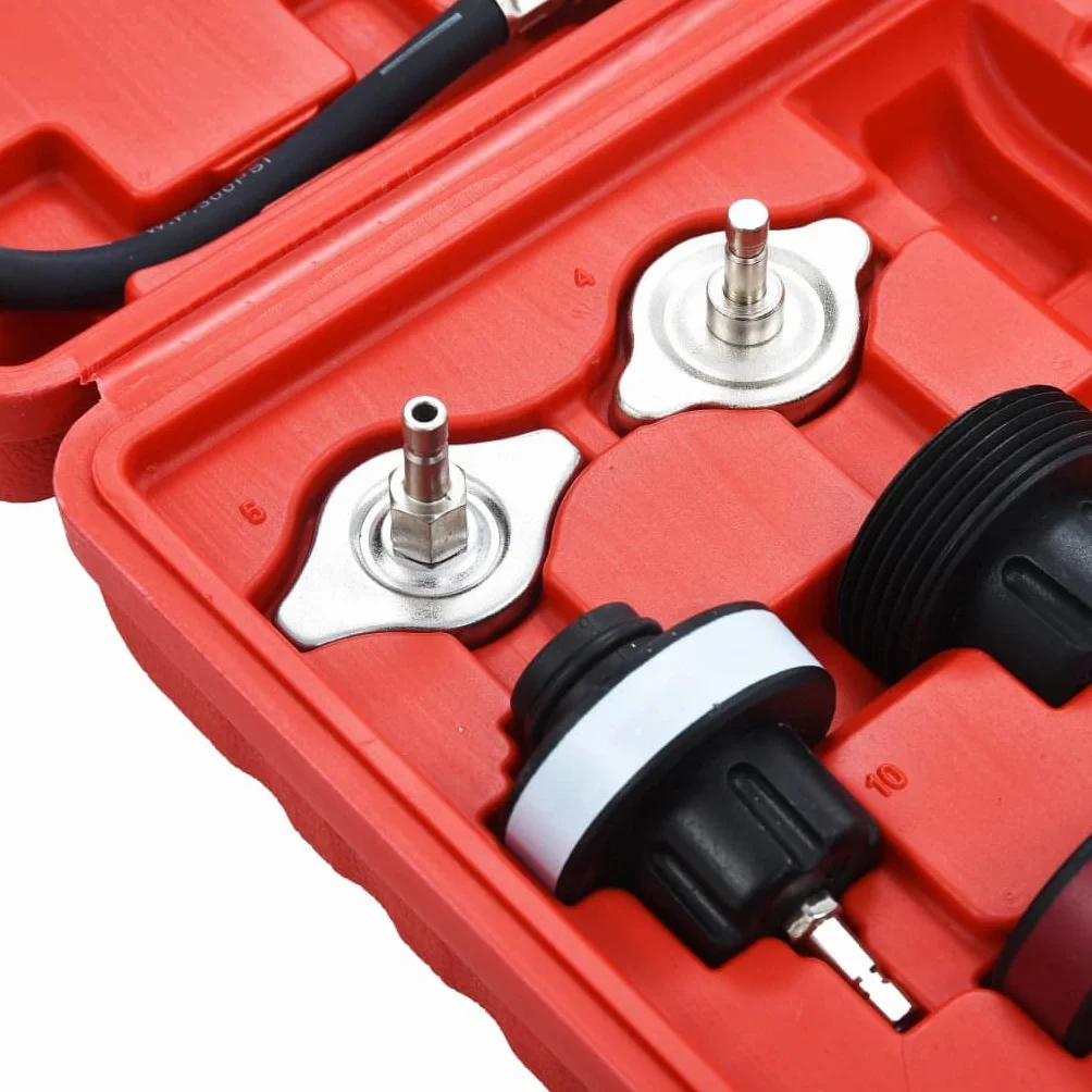 Comprobador de presión de 14 piezas para sistemas de refrigeración y tapa del radiador con 12 adaptadores, rango de presión 0-2,5 bar, maletín de almacenamiento rojo, universal para coche