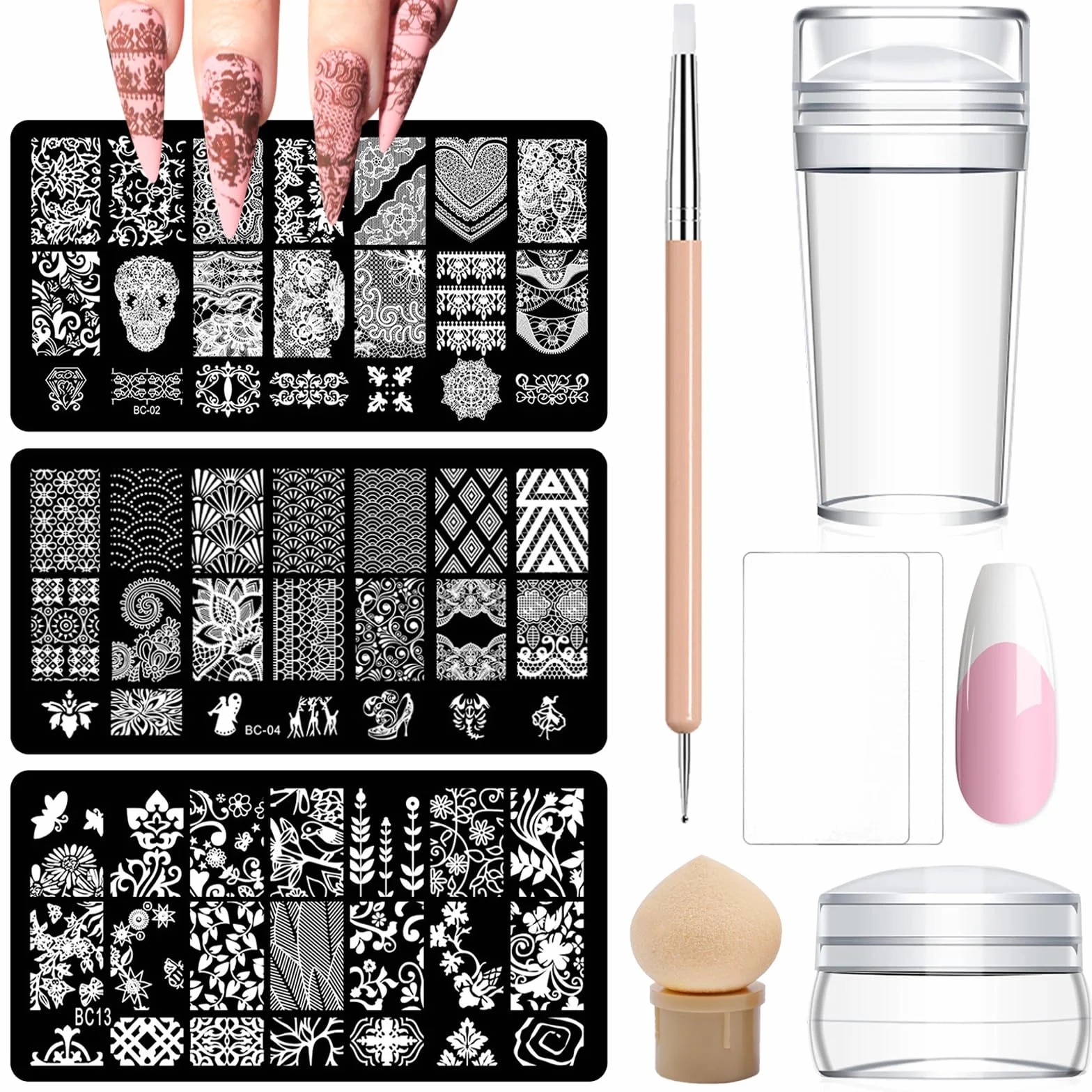 Nail Art Stamper 9 Pcs Placas Estampacion Uñas Nail Stamping Kit Sellos De Silicona Transparente