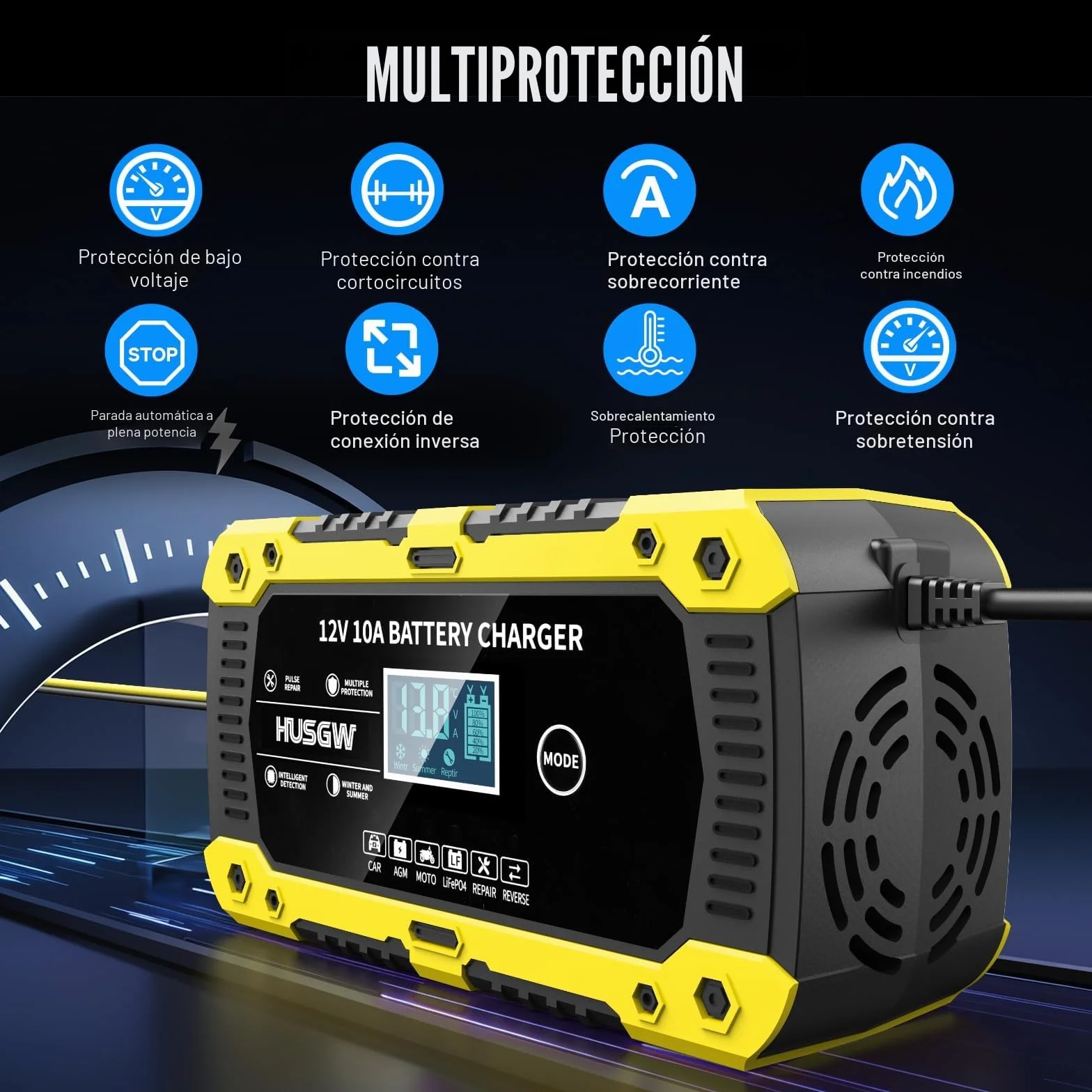 12V10A Cargador Baterias Coche, Cargador de Baterias Coche y Moto Inteligente y Funciones, Adecuado para Baterías Automotrices LiFePO4,para Coche/Moto/Clippers/AGM/Gel/Wet/SLA (10A) (10 Amarillo)