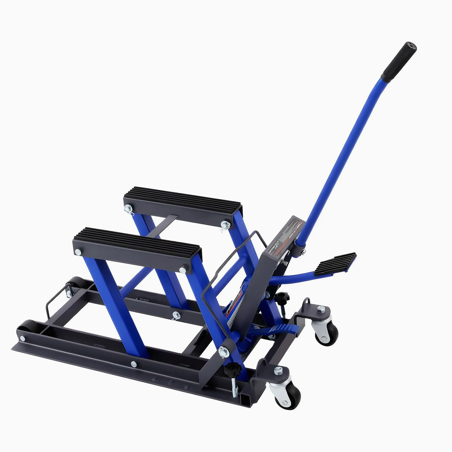 Plataforma elevadora para motocicleta, hidráulica, cuádruple hidráulico, carga máxima 680 kg, reparación de máquina de aterrizaje, soporte de altura regulable 11,5 – 37,5 cm (azul)