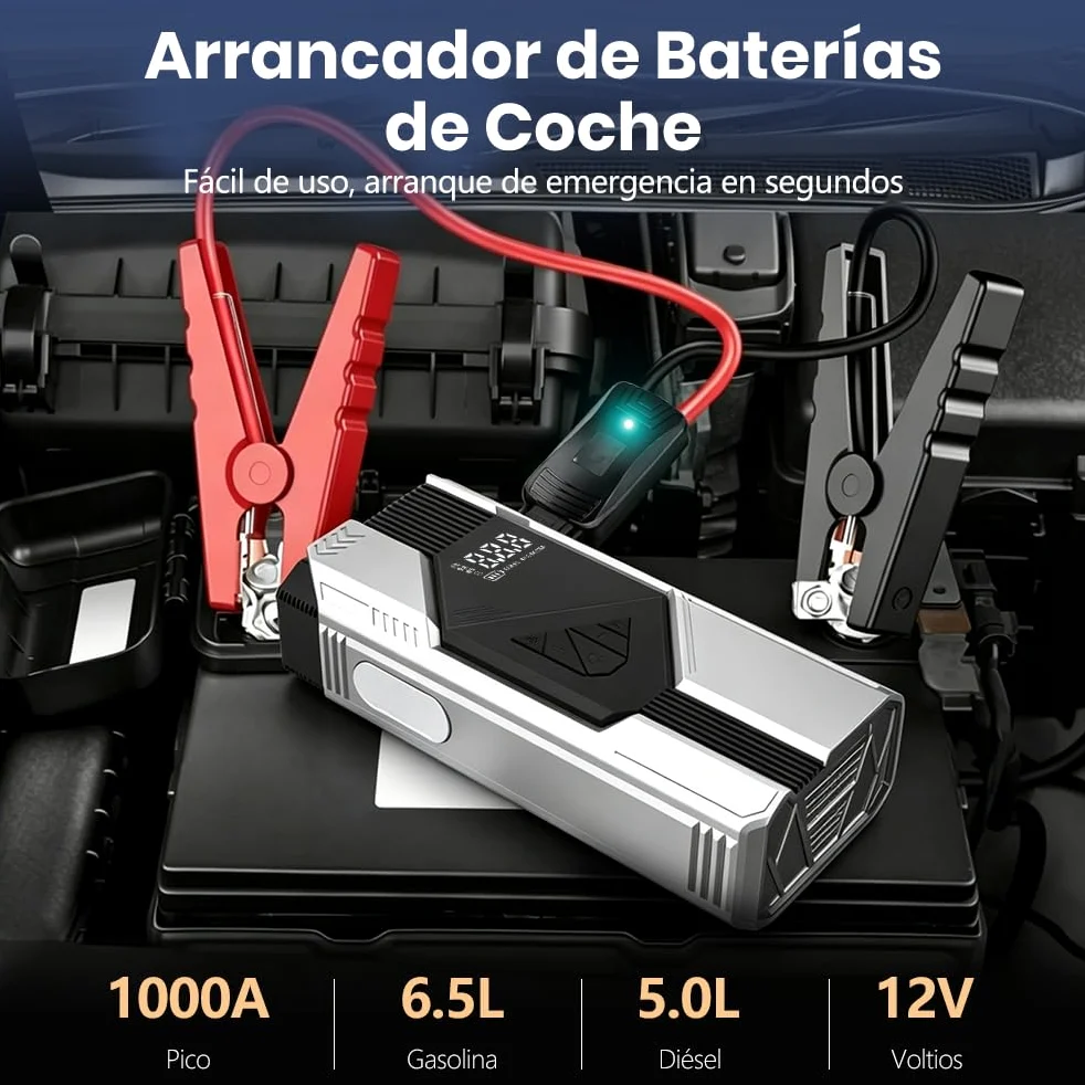 Junsun 10000mAh Compresor de Aire 150 PSI con Arrancador de Batería 12V y Power Bank 18W, Inflador Portátil para Coche Gasolina y Diésel, Arranque de Emergencia, Pantalla LCD, Carga Rápida y Luz LED