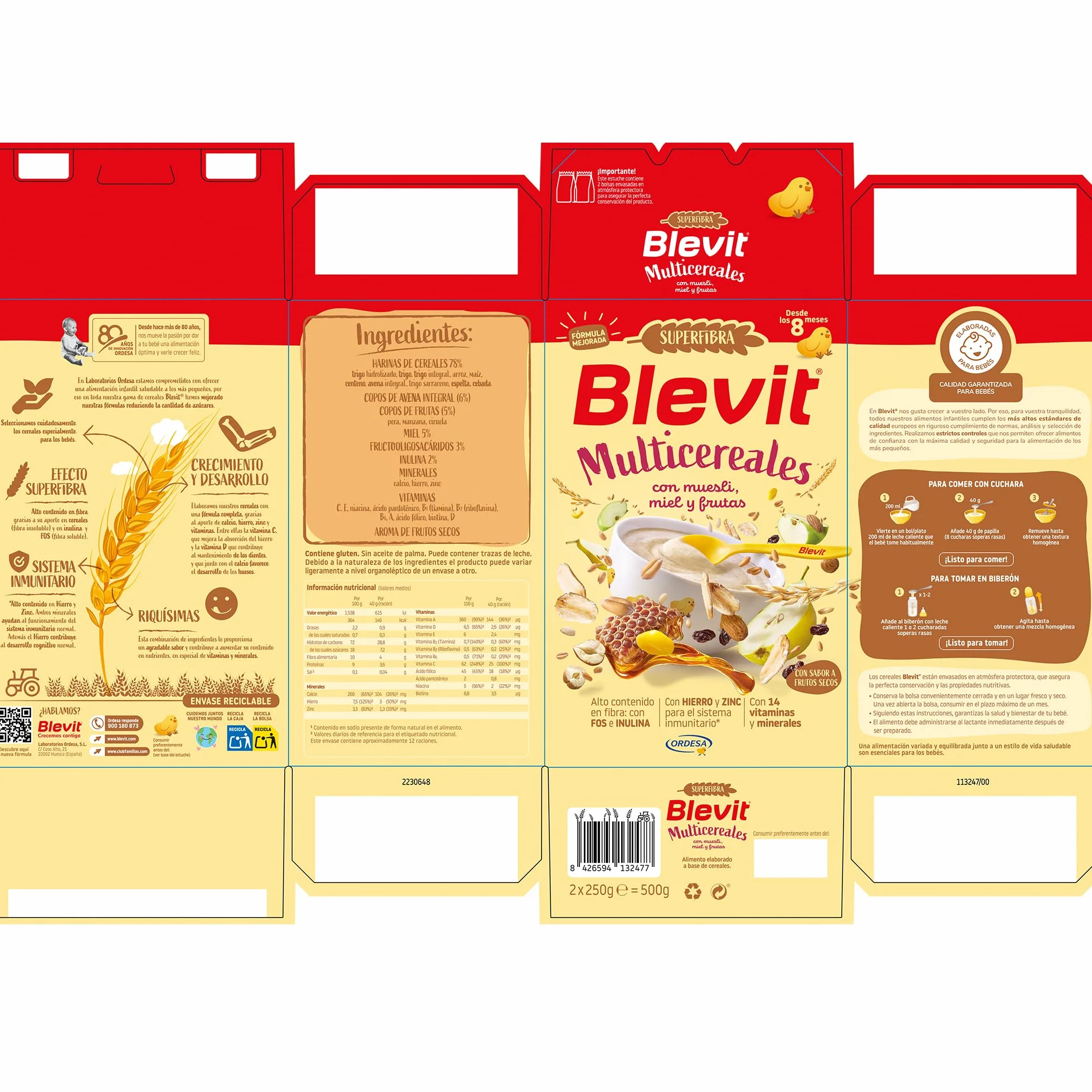 Blevit Superfibra Multicereales Papilla 8 Cereales con Muesli, Miel y Fruta 500g para Bebé 8 Meses