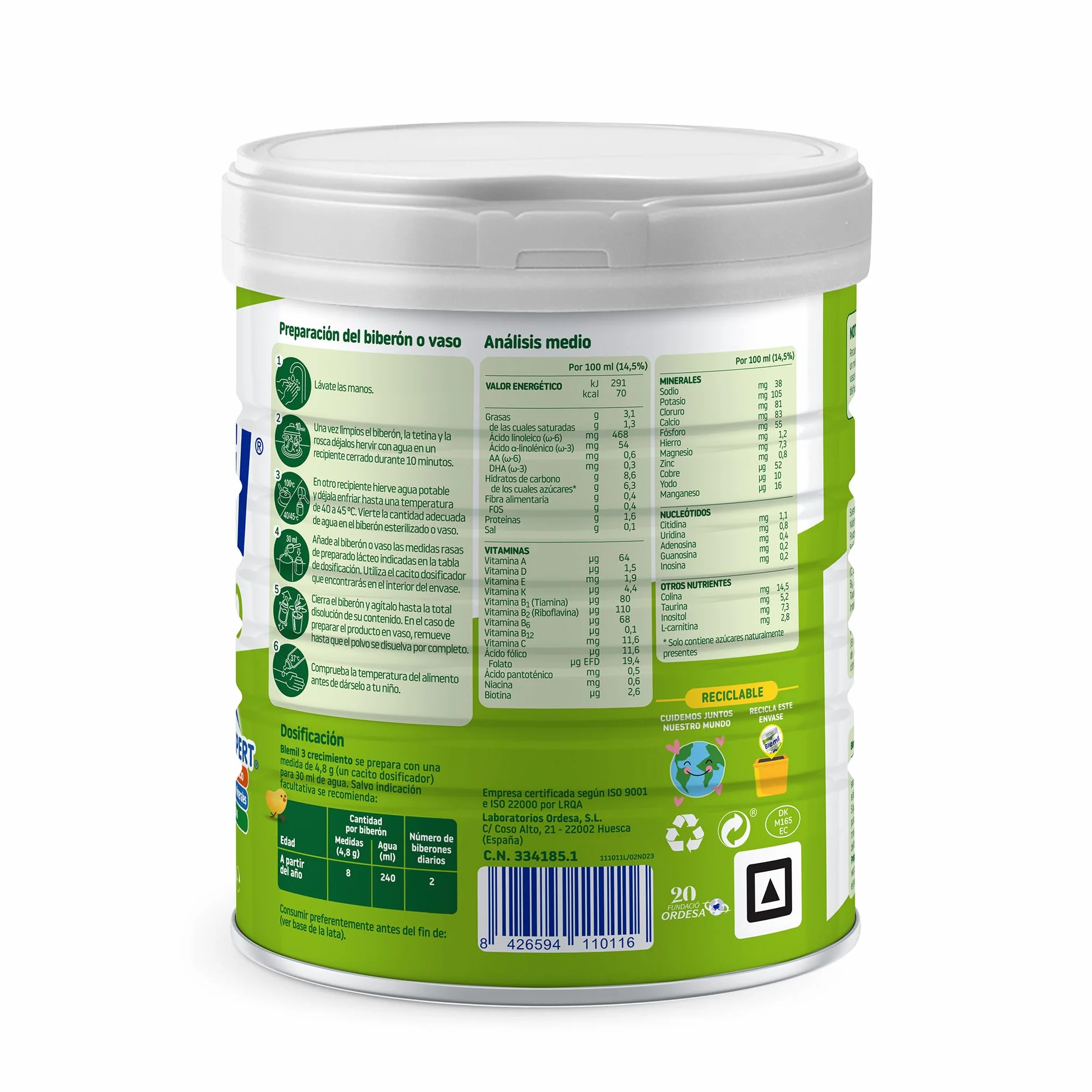 Blemil 3 Crecimiento 0% Azúcares Añadidos 800g Preparado Lácteo en polvo para Niños 1-3 Años
