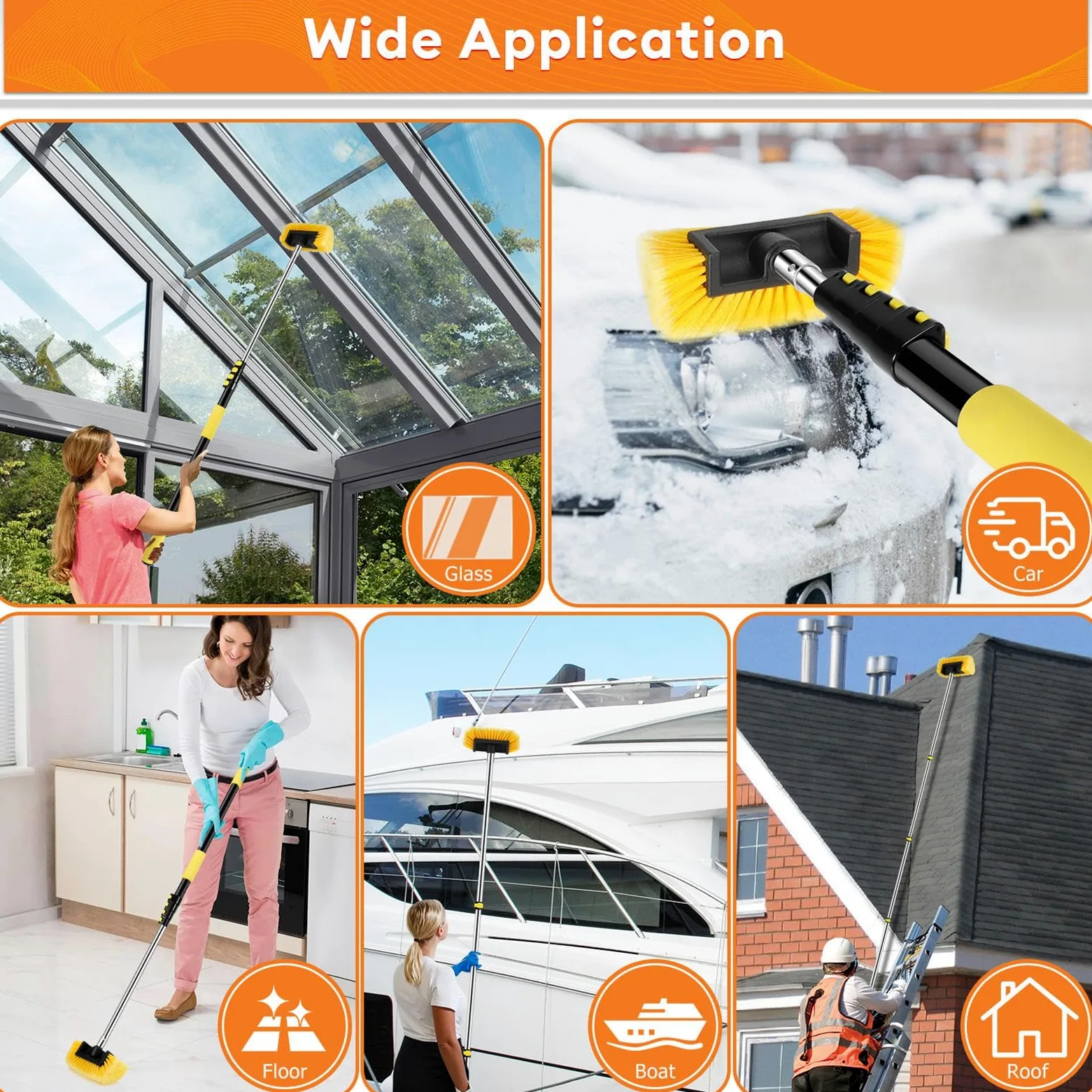 Cepillo de lavado de coche de 12 pies, cepillo de lavado de coche resistente con mango largo, poste de extensión multiusos de 3 a 12 pies con cepillo de cerdas ultra suaves de 10 pulgadas para