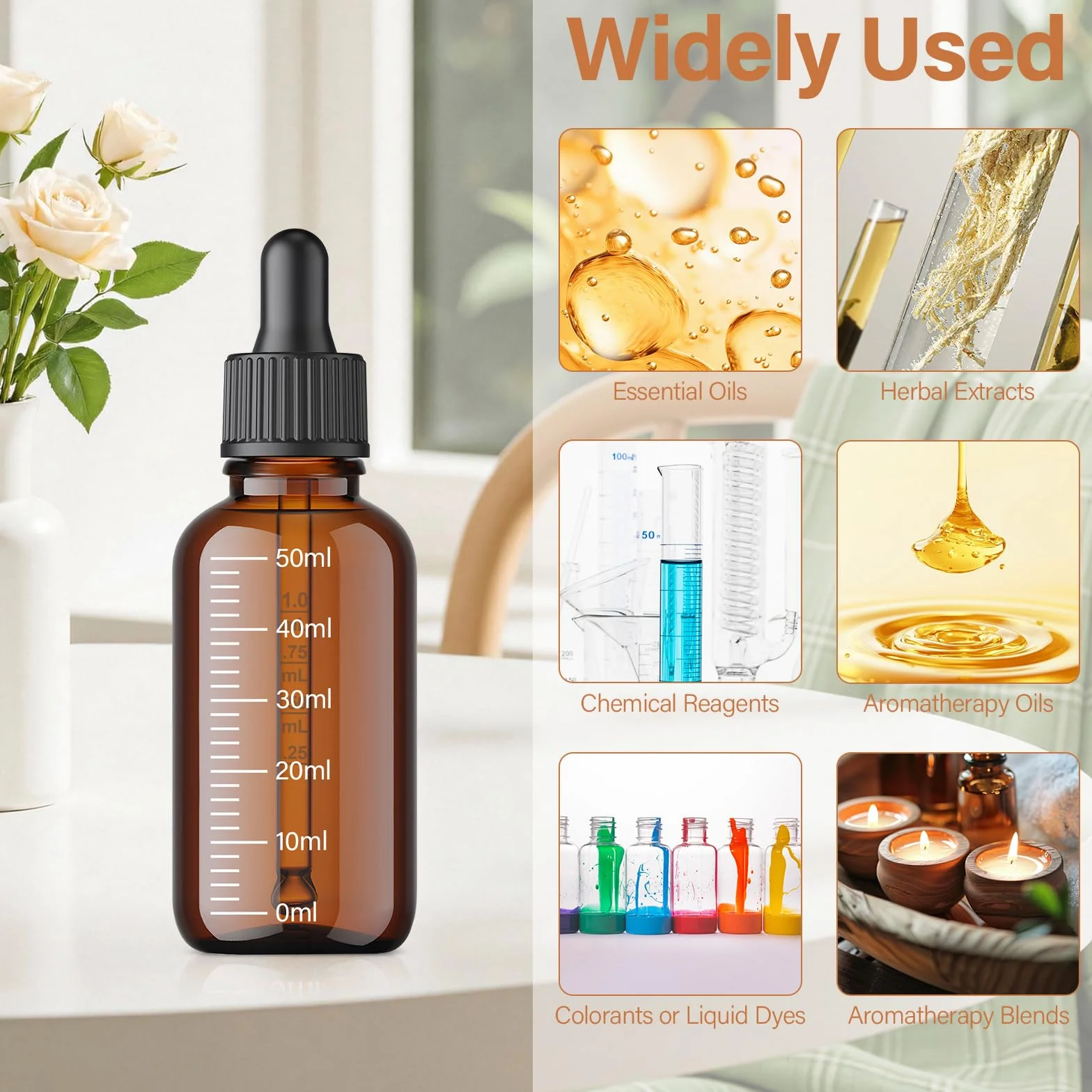 Frascos cuentagotas de vidrio marrón 50 ml, antirayos UV, para aceites esenciales, perfume, aromaterapia