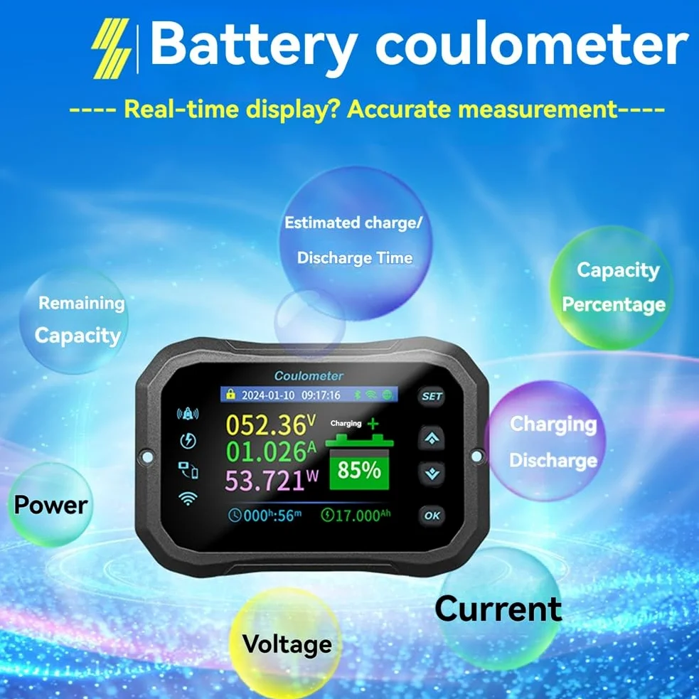 Booso Medidor Culombio KM110F con WiFi, Detección Corriente Bidireccional Alta Precisión, Muestra la Potencia del Voltaje la Batería para Vehículos Recreativos y Vehículos Eléctricos