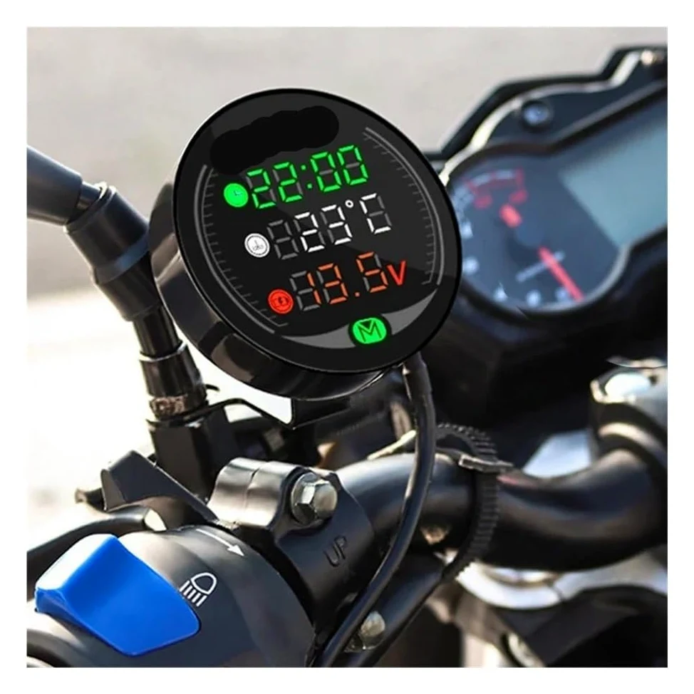 Tacómetro digital Reloj electrónico digital para motocicleta DC 9V - Hora + Termómetro de agua + Voltímetro