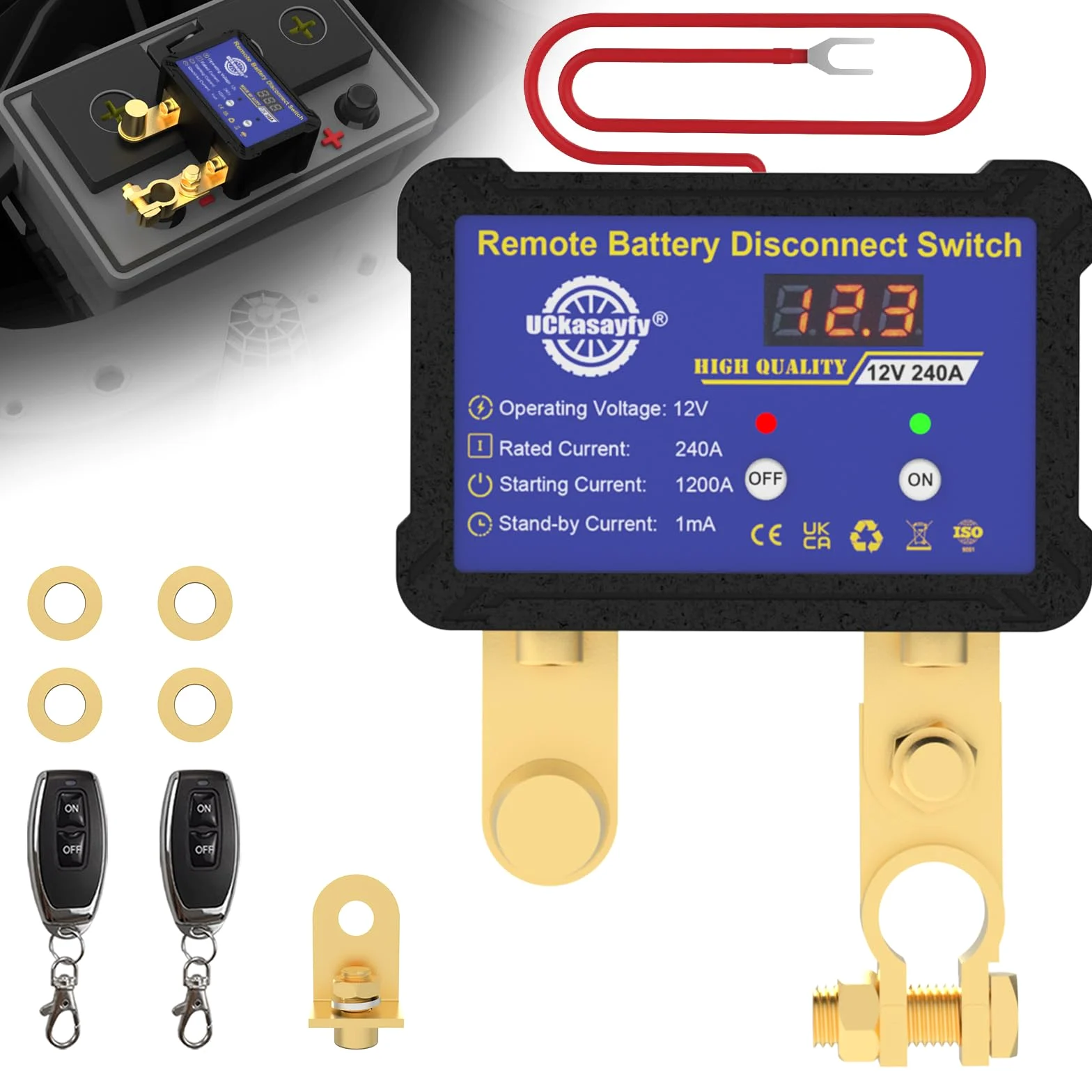 Interruptor de desconexión de la batería con mando a distancia 12v 240A con indicador de tensión LED Interruptor antirrobo para coche, autocaravana, ATV, camión, marina