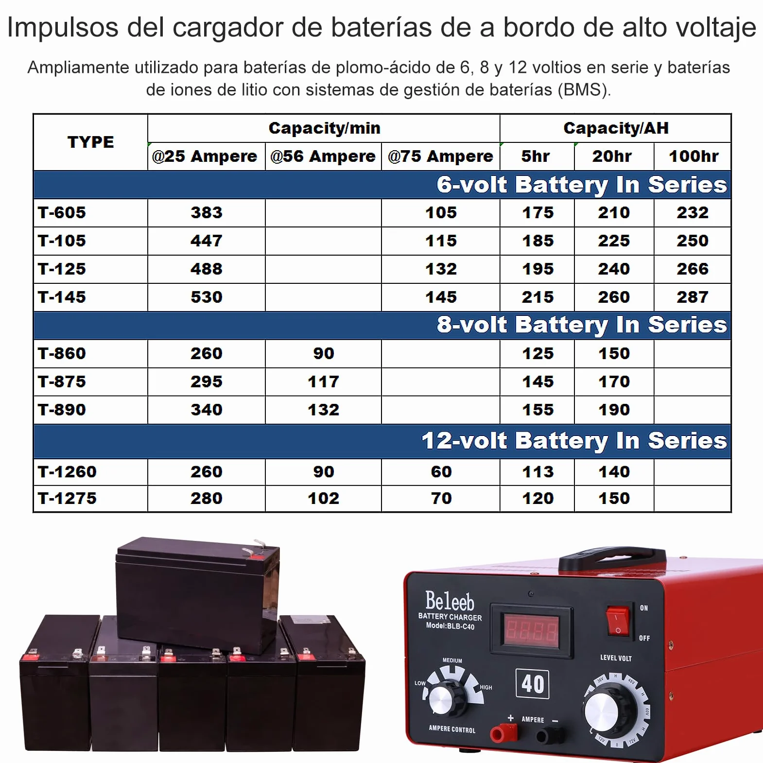 Hugoome Beleeb Serie C40 Cargador de Batería 12V 24V 36V 48V 60V 72V, Pulsos de Alto Voltaje Desulfatador Mantenedor de Batería con Pinzas de Cocodrilo para Baterías de Litio-Ion Plomo-ácido