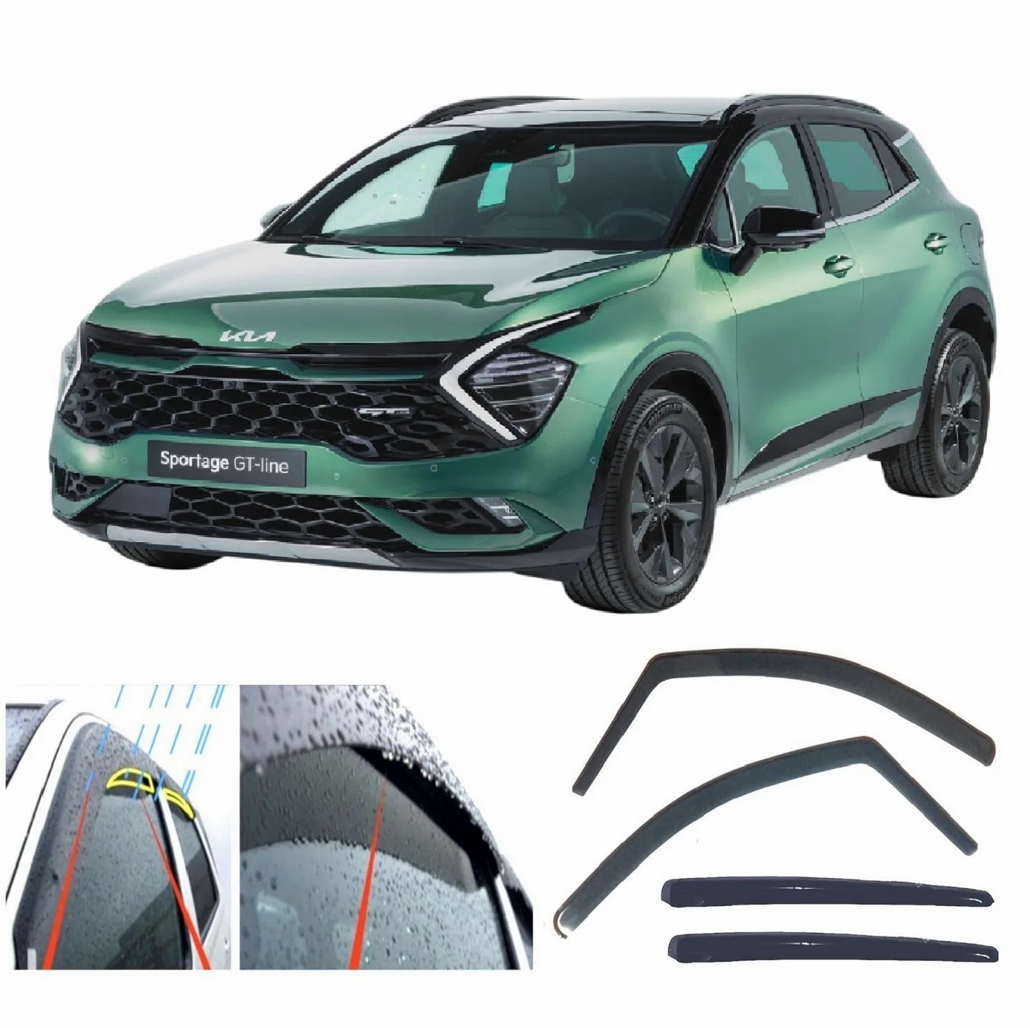 4 deflectores de viento de lluvia para Kia Sportage 2021-2025, Moderno, Dark, Ajuste específico del vehículo, SUV, En canal