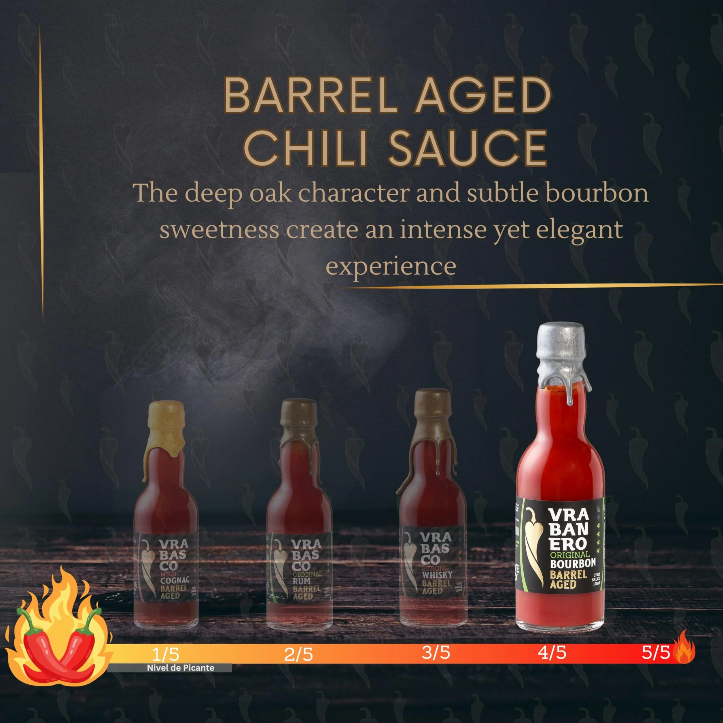 I LOVE SPICY Vrabanero Original Bourbon 100ml Salsa Picante con 80% Chiles Fermentados Envejecida en Barrica Bourbon Nivel Picante 4/5