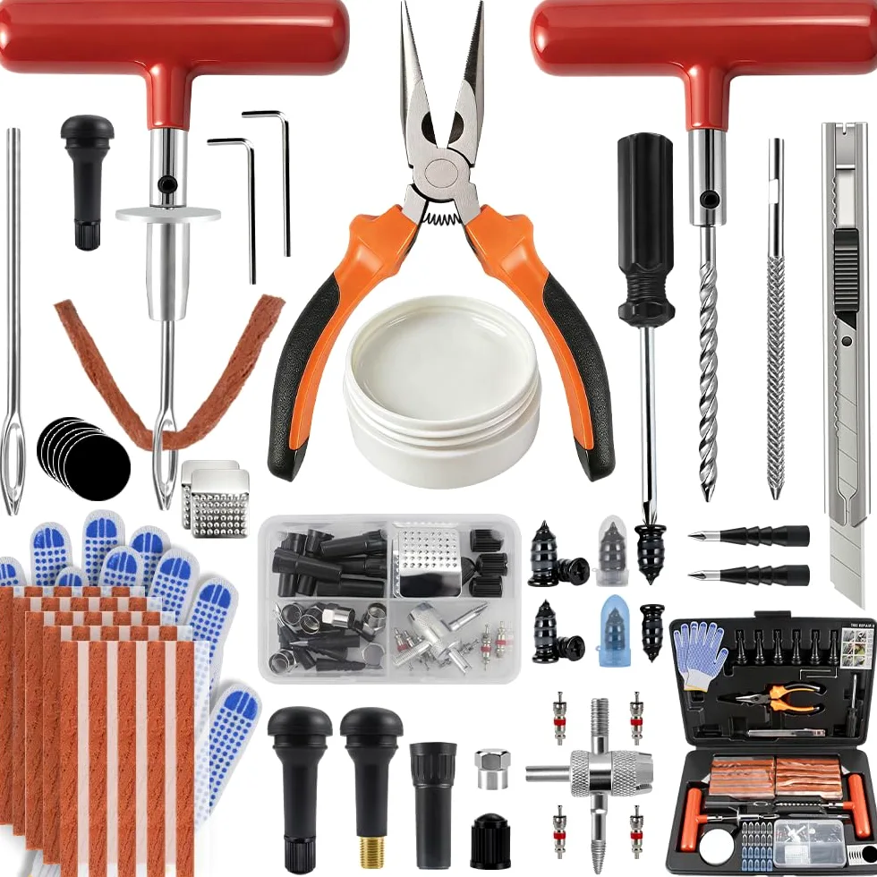 Kit de reparación de neumáticos de 132 piezas, kit de tapones de neumáticos resistentes con clavos de goma, tapones de rosca, herramienta de extracción de vástago de válvula, mango en T, kits