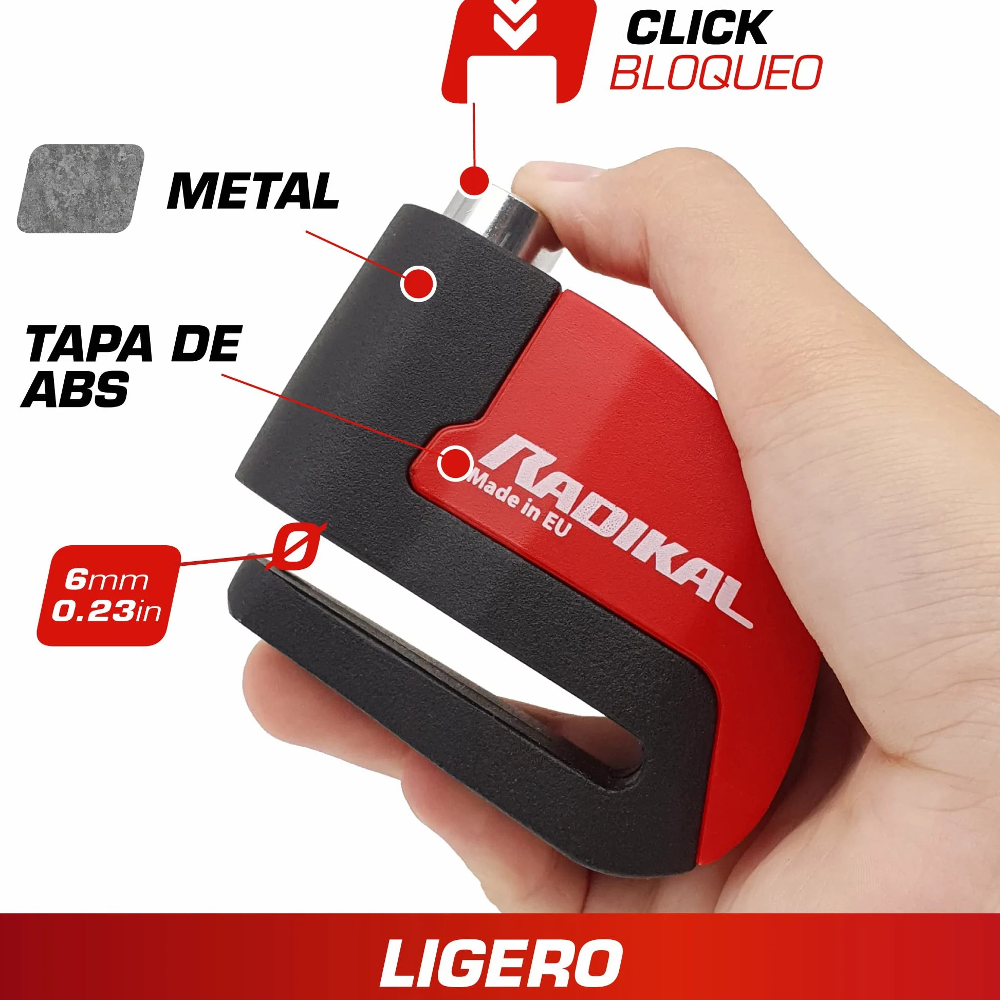 RADIKAL RK6 Candado Moto Disco Alarma 120db, Boton ON, Warning Avisador, Módulo Remplazable Impermeable, Pila CR2 Larga Duración, Antirrobo Pinza Freno Universal para Motos Scooter Bicicleta Patinete