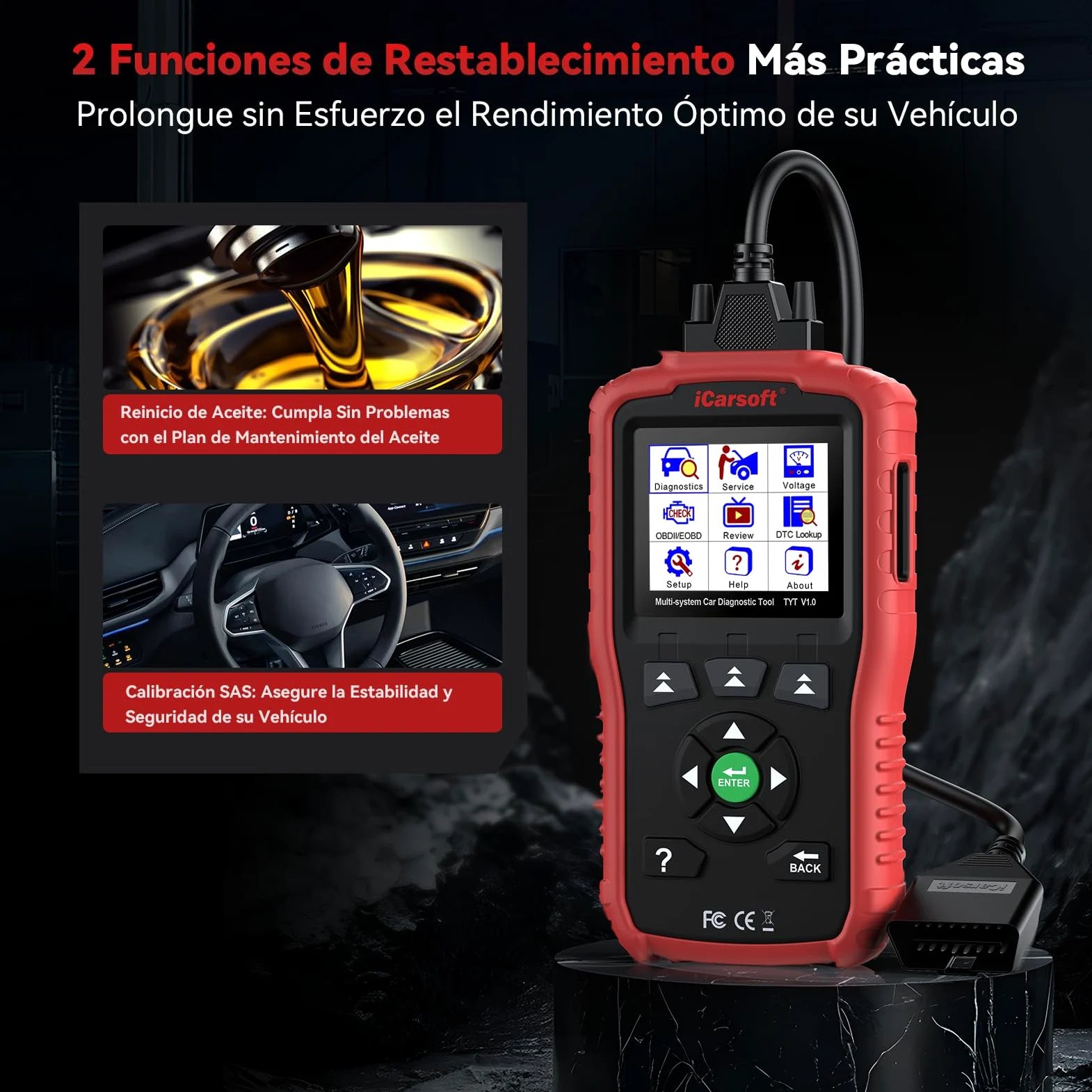 iCarsoft TYT V1.0 OBD2 Máquina Diagnosis Coche para Toyota/Corolla/Nissan/Honda/Hyundai/Kia, Escáner de Todo el Sistema, Reinicio de Aceite, Calibración SAS, Prueba de Batería, Actualización por Vida