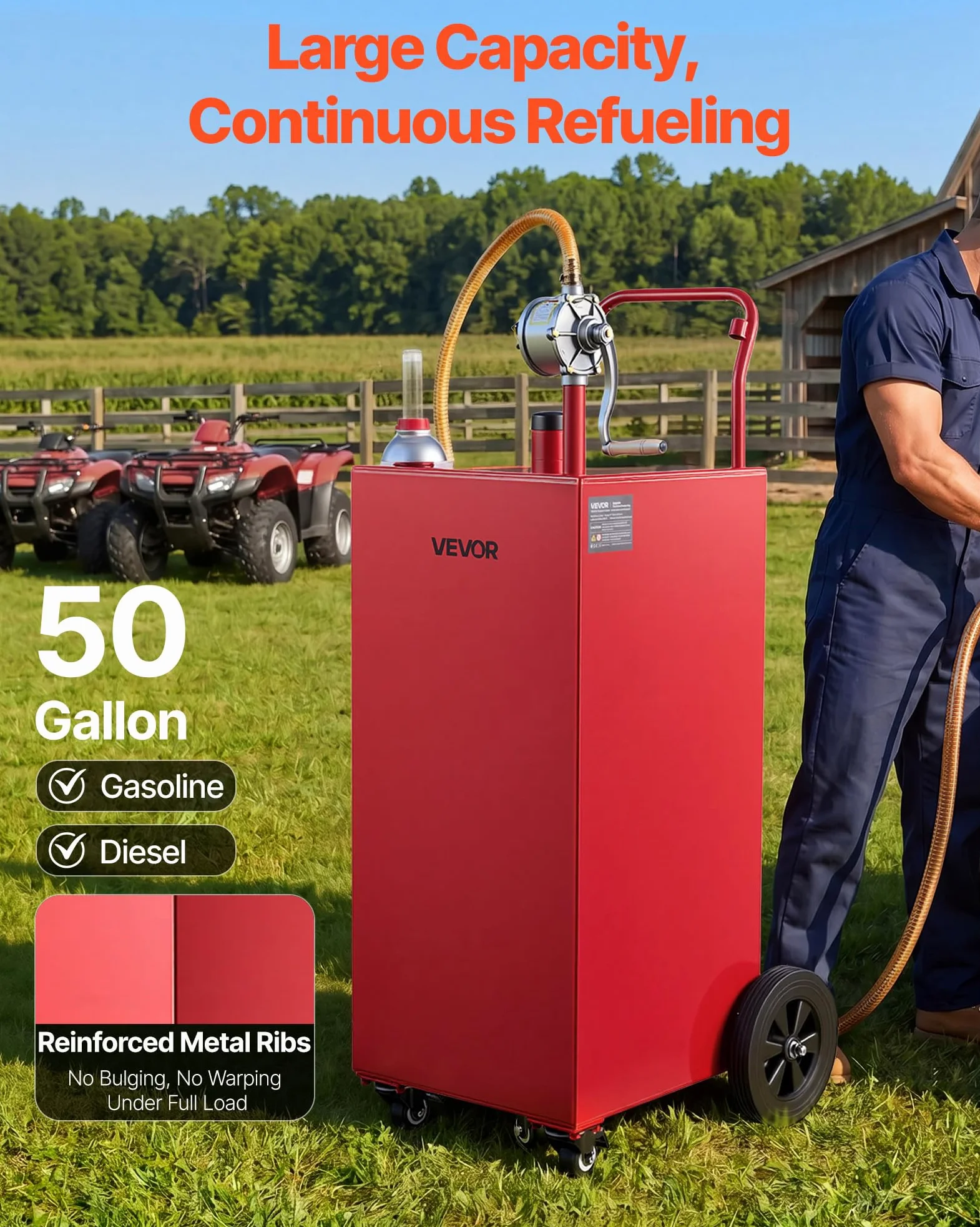 VEVOR Carro de Combustible de 189,3 L con Depósito de Gasolina y Diésel, Tanque de Combustible con 4 Ruedas, Bomba Manual de Trasvase Bidireccional, Acero al Carbono, para Garaje, Granja y Exterior