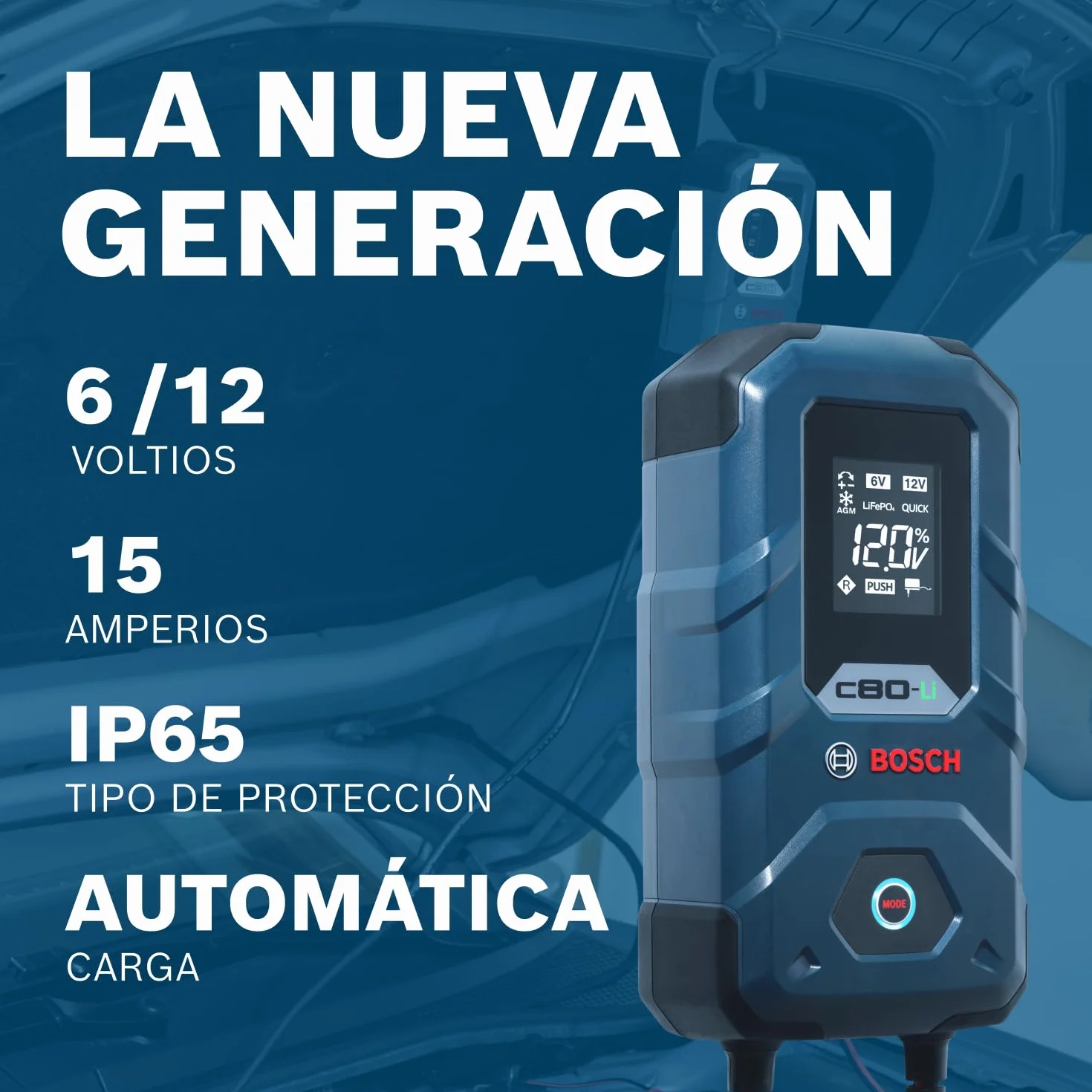 Bosch Cargador de Batería para Coche C80-Li, 15 Amperios, con Función de Carga Continua - para Baterías de Plomo-ácido, AGM, EFB, Gel y SLI, de 6V/12V, y de Litio (LiFePO) de 12V