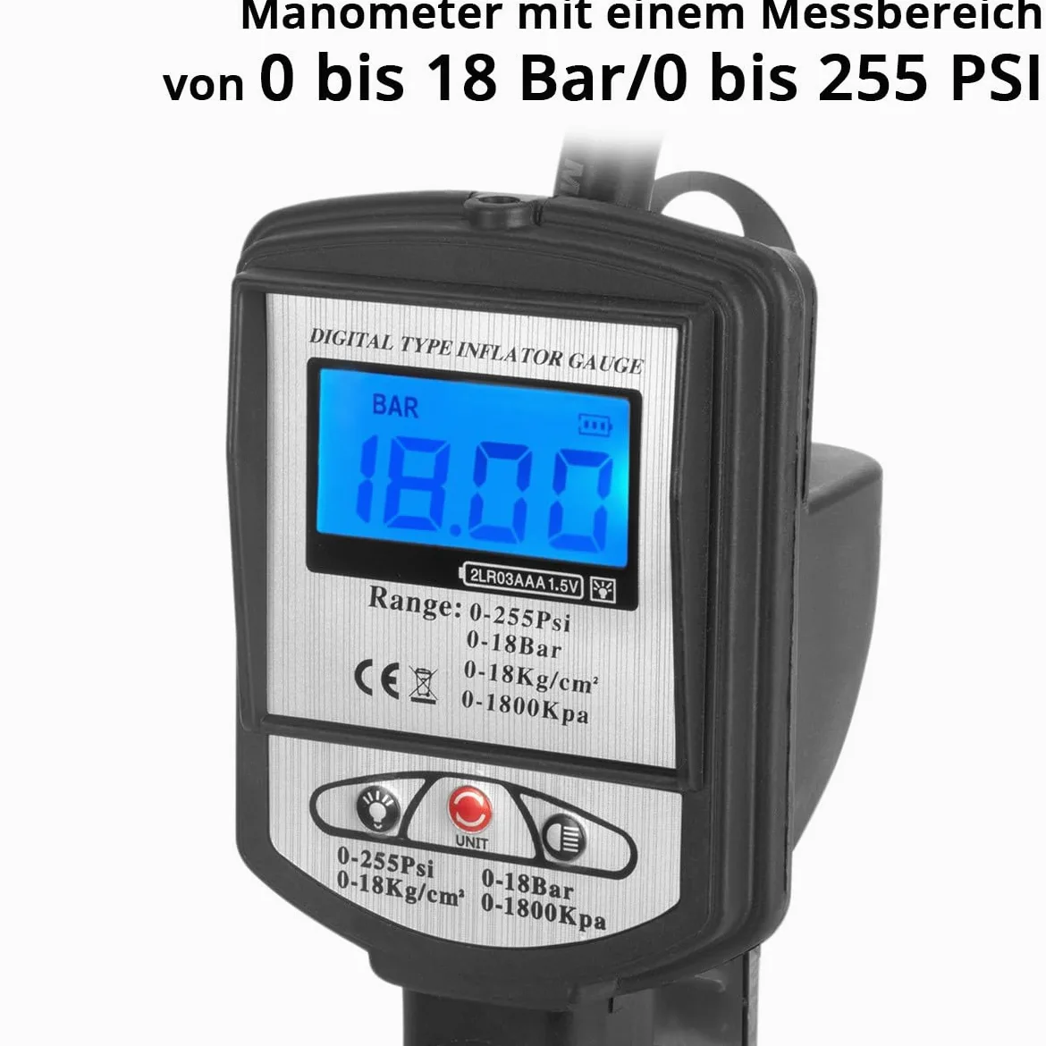 STAHLWERK Inflador digital de aire comprimido DRP-18 ST | Inflador de aire comprimido con manómetro digital | Manómetro digital para coches, camiones, motos, bicicletas | Rango de medición 0-18 bar
