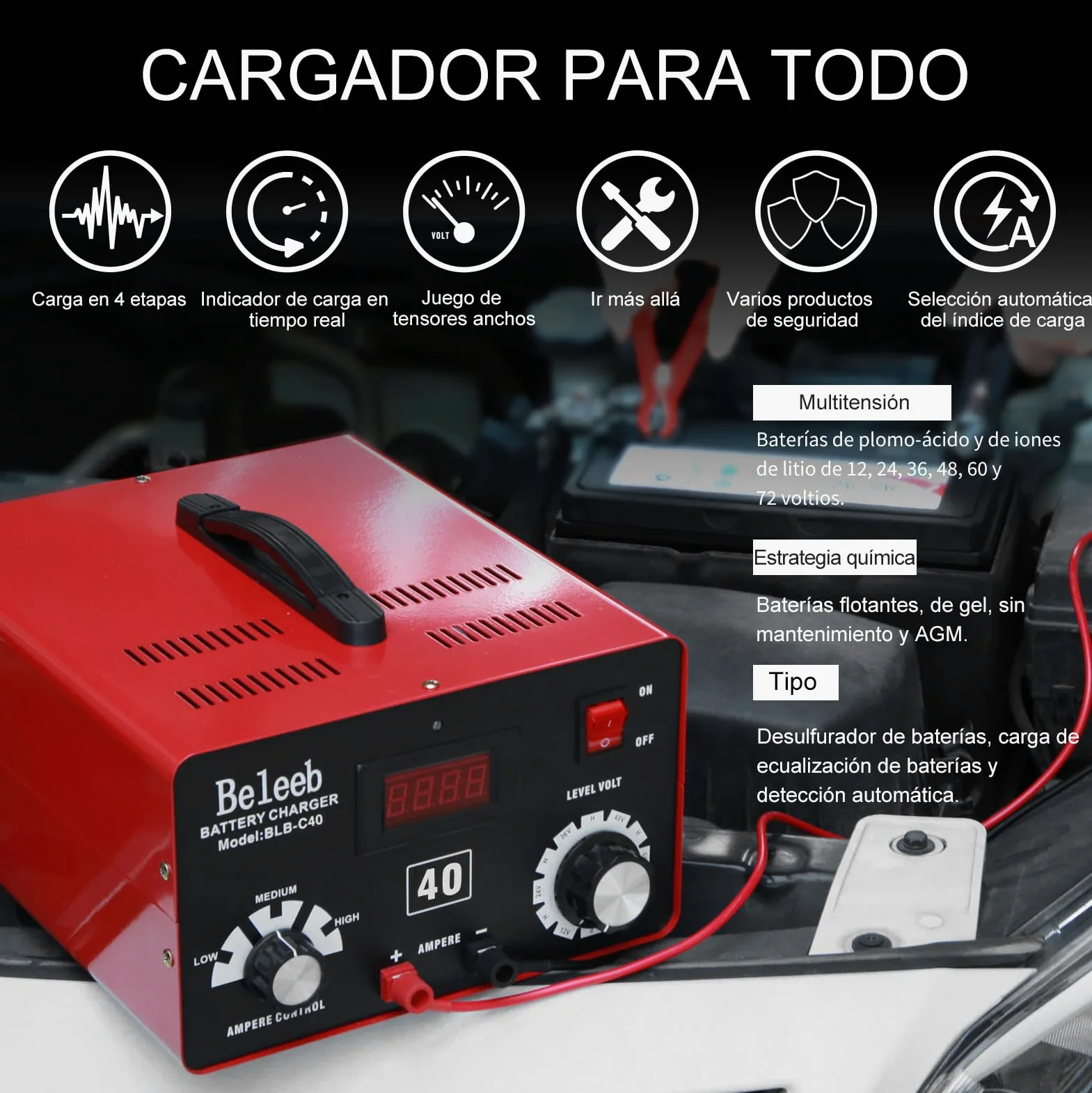 Hugoome Beleeb Serie C40 Cargador de Batería 12V 24V 36V 48V 60V 72V, Pulsos de Alto Voltaje Desulfatador Mantenedor de Batería con Pinzas de Cocodrilo para Baterías de Litio-Ion Plomo-ácido
