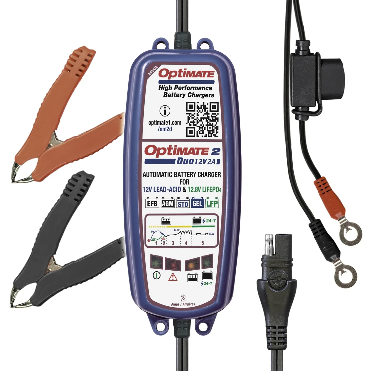 TecMate Optimate 2 Duo, TM550, Serie Bronze: Cargador-mantenedor de batería sellada de 5 Fases de 12V/12,8V 2A