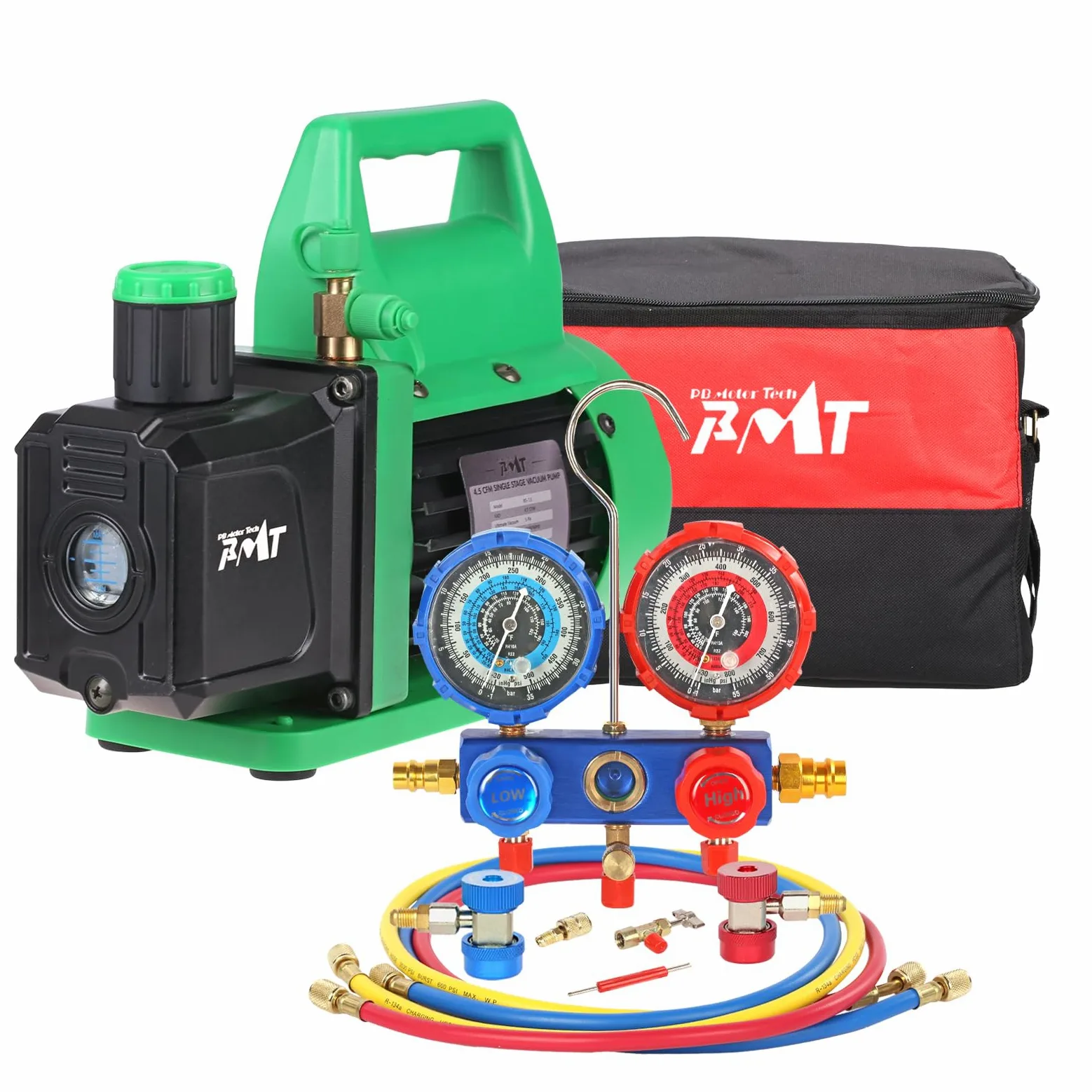 PB Motor Tech - Juego de Bomba de vacío y manómetro - Bomba de 4.5 CFM con manómetro de Aluminio, acopladores rápidos, Adaptador 410, Herramienta de Grifo y Bolsa de Transporte, para refrigerantes