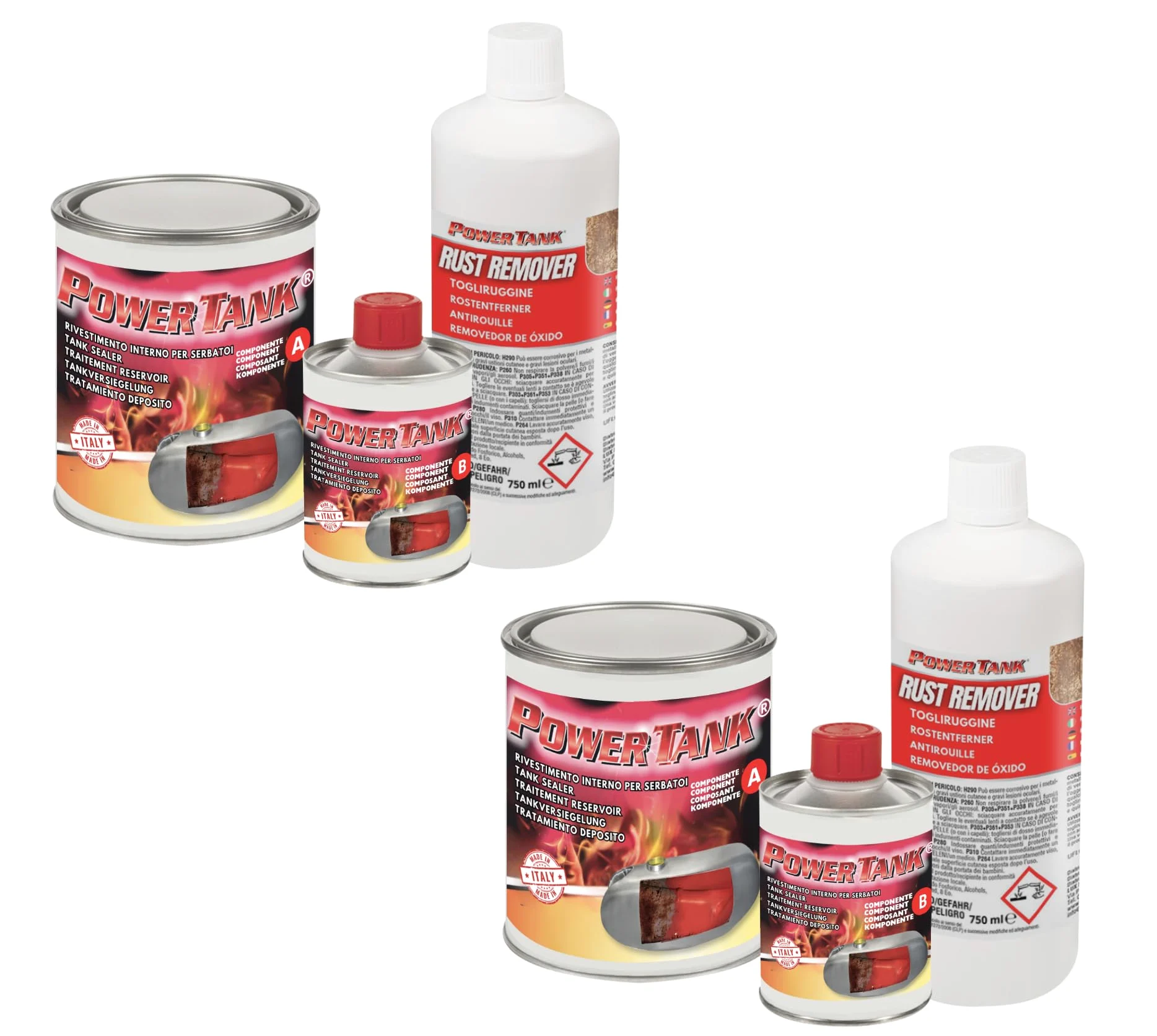 POWER TANK - 2 Kit Tratamiento Tanque Deposito Auto (50/55 LT) Grande Rojo 1,3 kg para Interior Tanques de Gasoil y Gasolina Elimina Óxido Repara Protege Tanques Oxidados de Autos, Motos de Época.