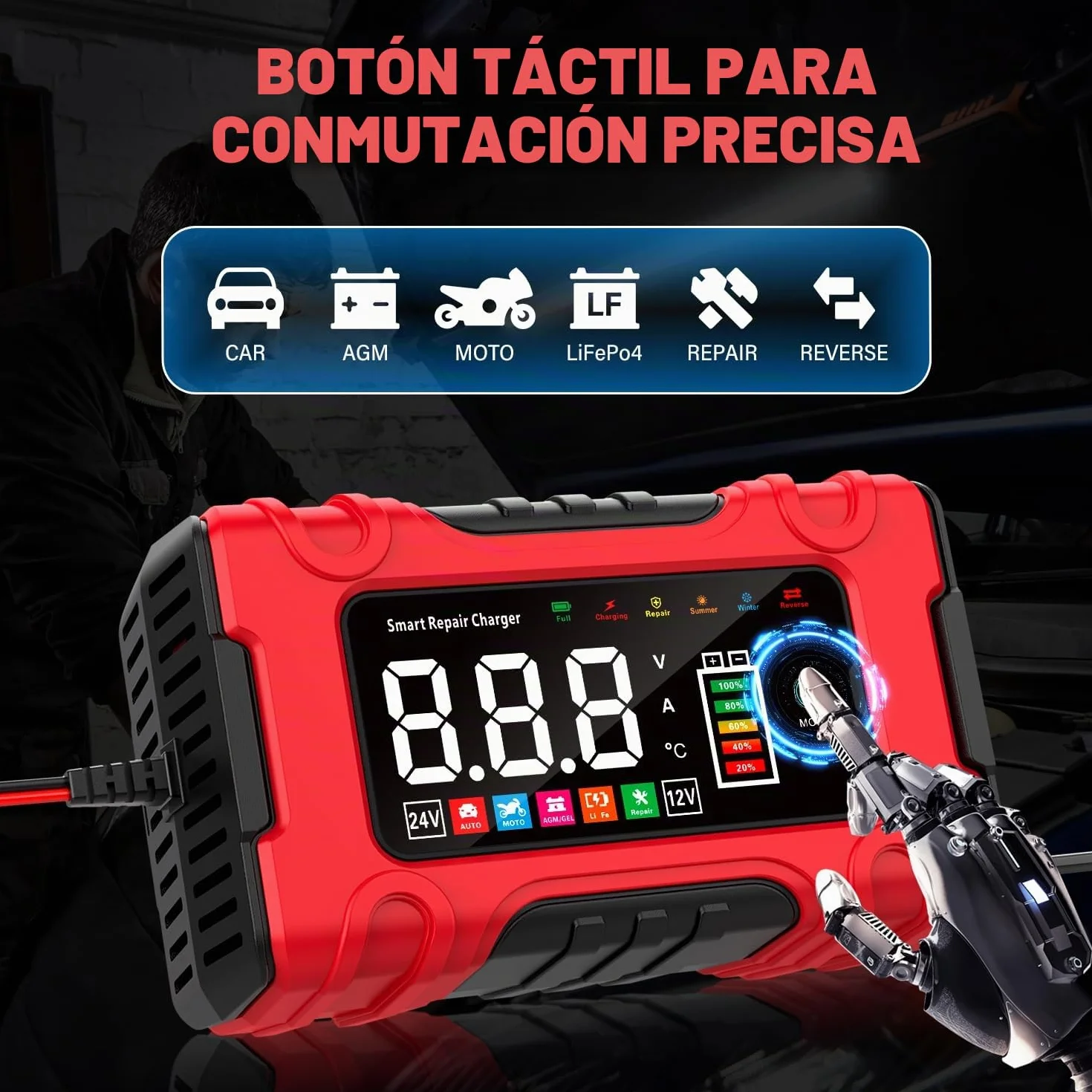Cargador de Bateria de Coche 10A, 12V/24V Mantenedor Bateria Moto con Modo de Reparación y Carga Lenta para Automóviles, Motocicletas y Camiones, Baterías AGM, Gel, Húmedas, SLA y LiFePO4