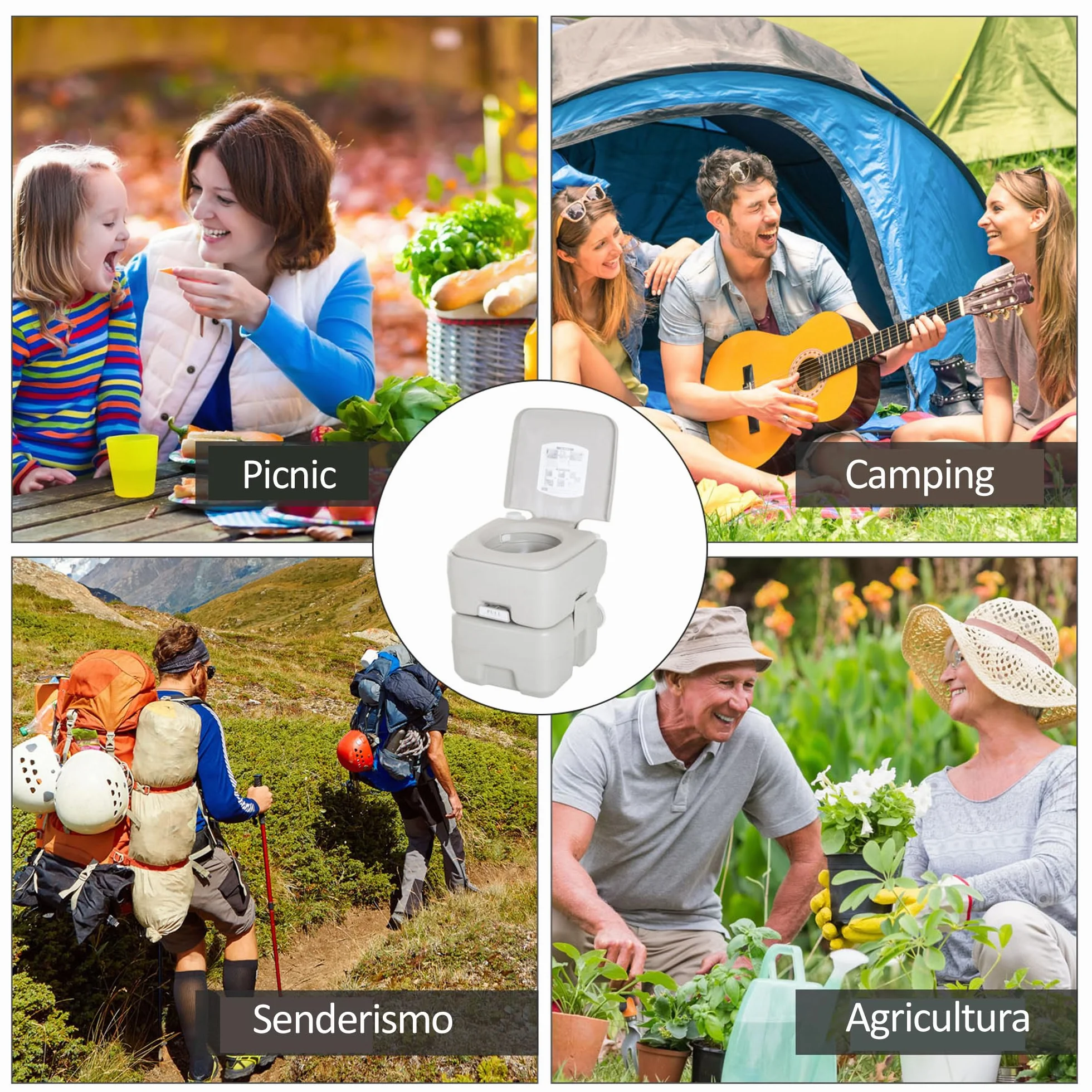 HOMCOM Inodoro Portátil Químico Baño Móvil WC 20L con Extraíble Tanque de Aguas Residuales y Tanque de Agua para Camping Viaje Ancianos Caravana Barco con Cisterna Carga 147 kg 41,5x36,5x42 cm HDPE