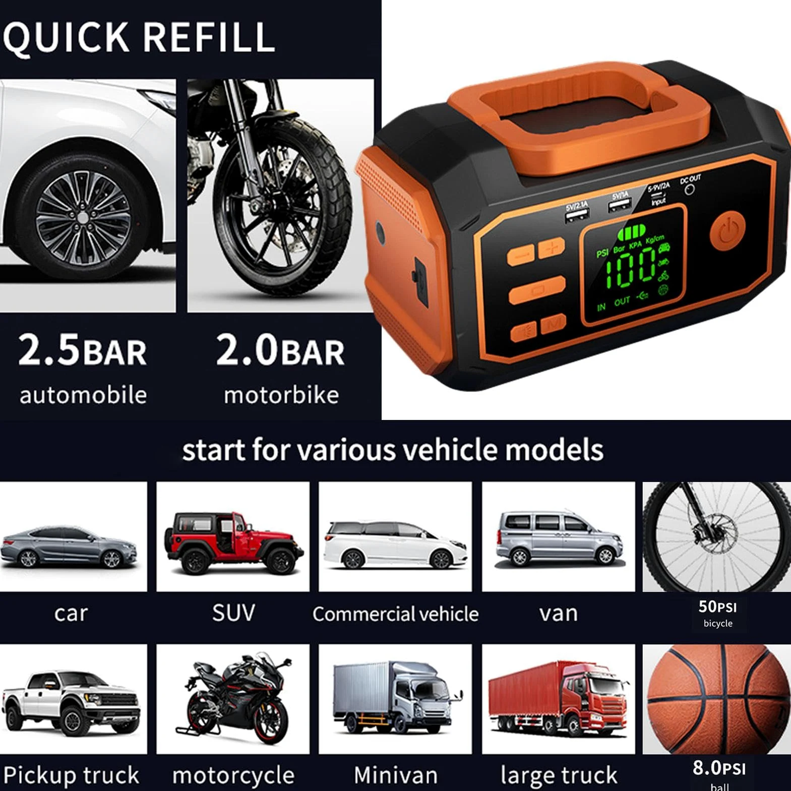 Inflador De Neumáticos Compresor De Aire Automotriz Con Luz LED | Bomba De Neumáticos Con Manómetro Digital Para Autocaravana Camping Bicicleta Motocicleta Vehículo SUV Camión Garaje En