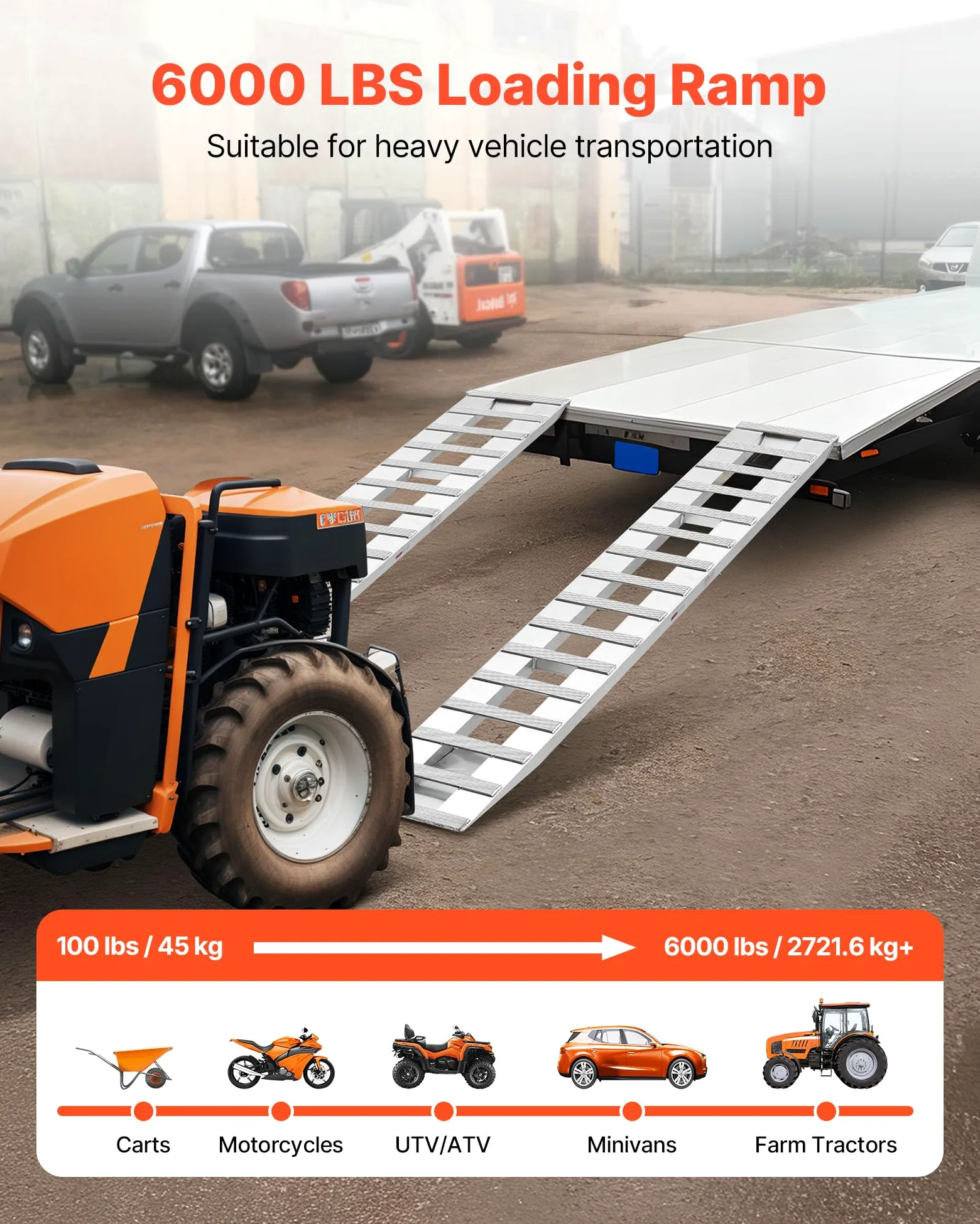 VEVOR Rampas de Carga de Aluminio 2 Piezas 240 x 38 cm con Placas Antideslizantes Capacidad de Carga de 2721,6 kg para Carros, Tractores Agrícolas, Vehículos Todoterreno, Cortacéspedes, Motocicletas
