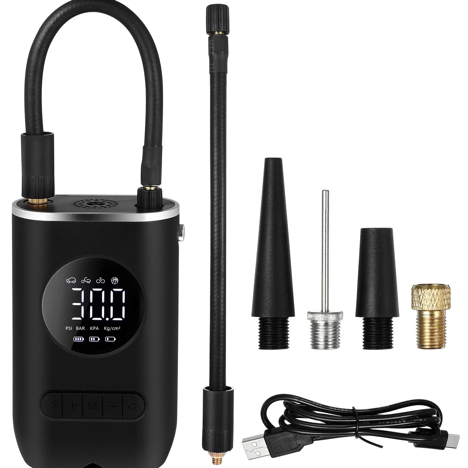 ORFOFE Inflador de Neumáticos Portátil para Automóvil y Motocicleta 70w | 4000mah, 7.4v, Negro, Abs Componentes Electrónicos, Led, Boquillas Incluidas y Cable de Alimentación
