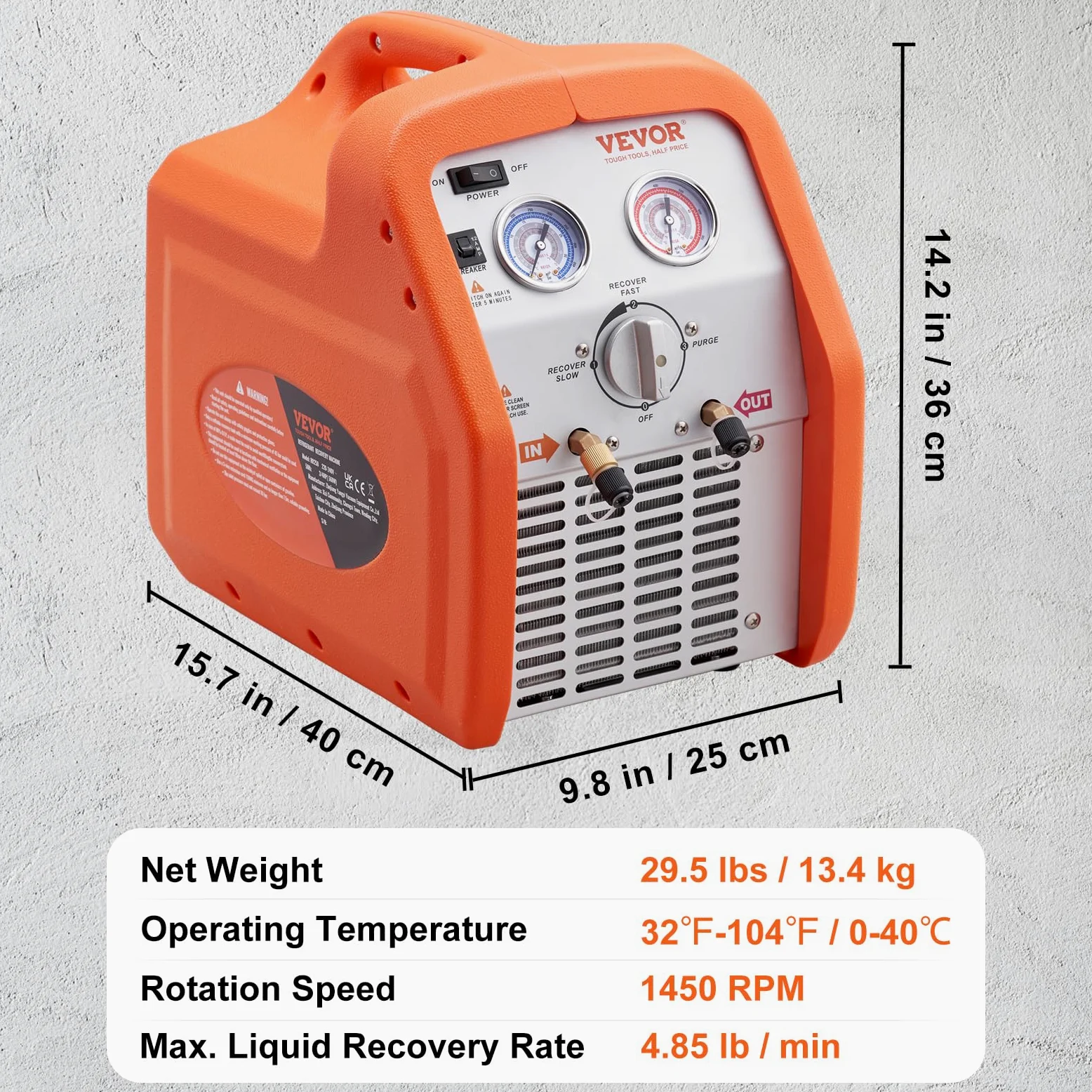 VEVOR Máquina de Recuperación de Refrigerante Portátil 3/4 HP Máquina de Recuperación con Protección de Alta Presión 2,2 kg/min Velocidad de 1450 RPM Autolimpieza para Vapor Líquido Refrigerante