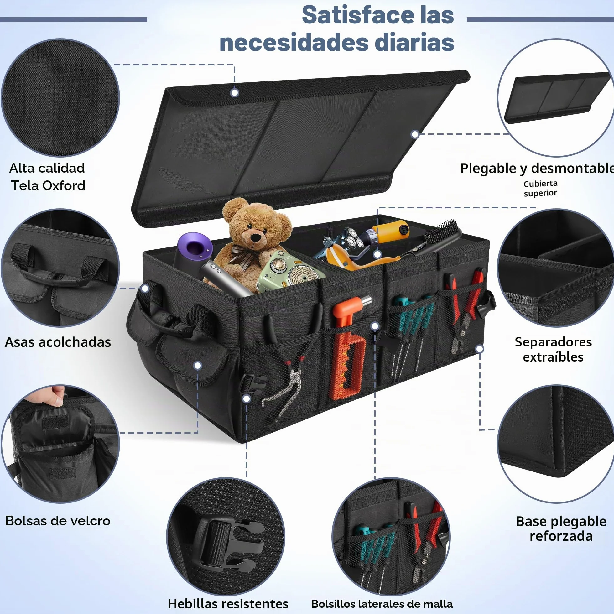 Organizador de maletero, bolsa plegable para maletero con tapa, organizador de maletero para automóvil con divisores extraíbles, equipado con base antideslizante y cierre de velcro, bolsillos