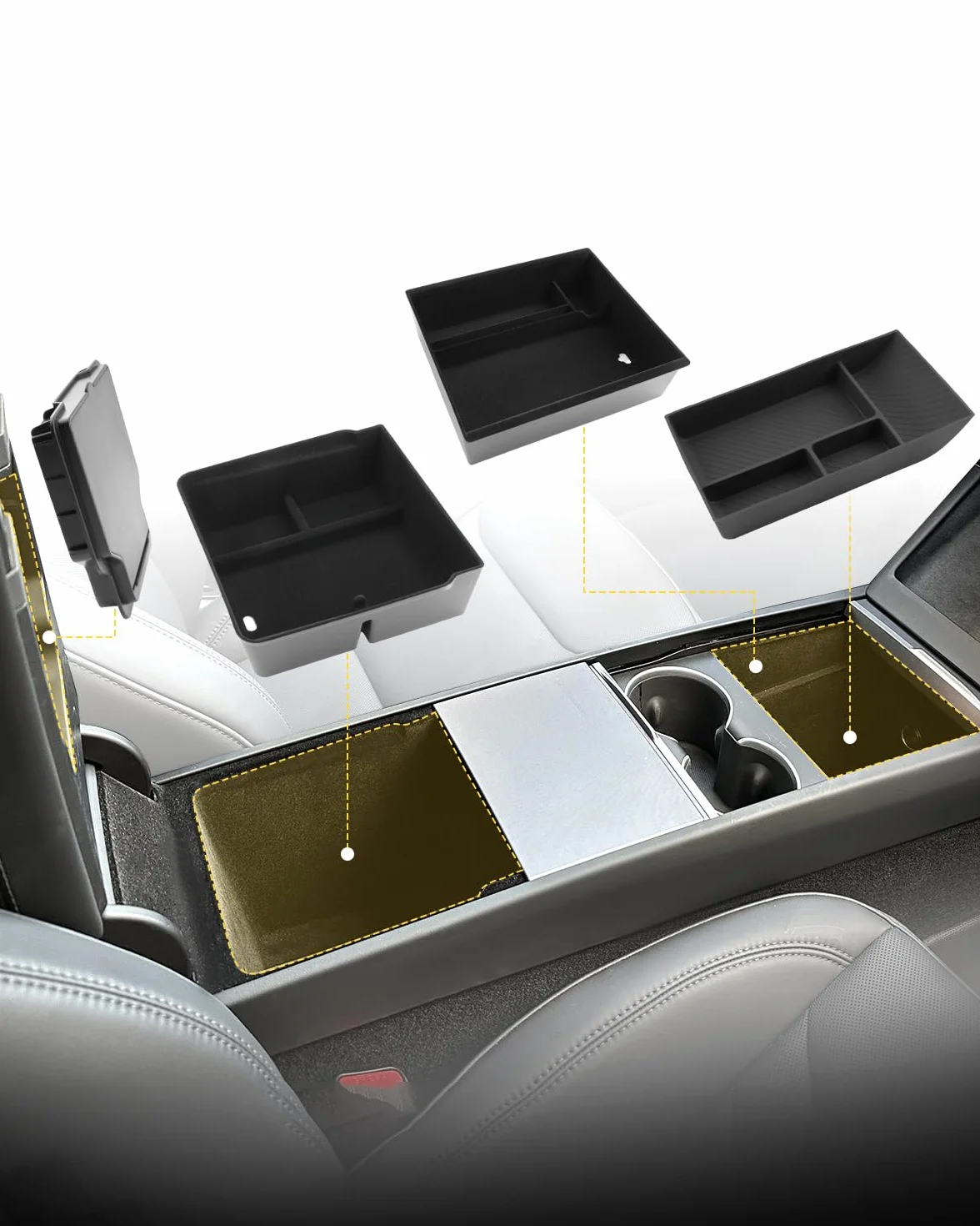 LFOTPP Para Tesla Model Y Juniper 2025 2026 consola central, organizador de reposabrazos, guantera + consola central, caja de almacenamiento oculta, para Tesla Model Y Juniper Accesorios [4 unidades]