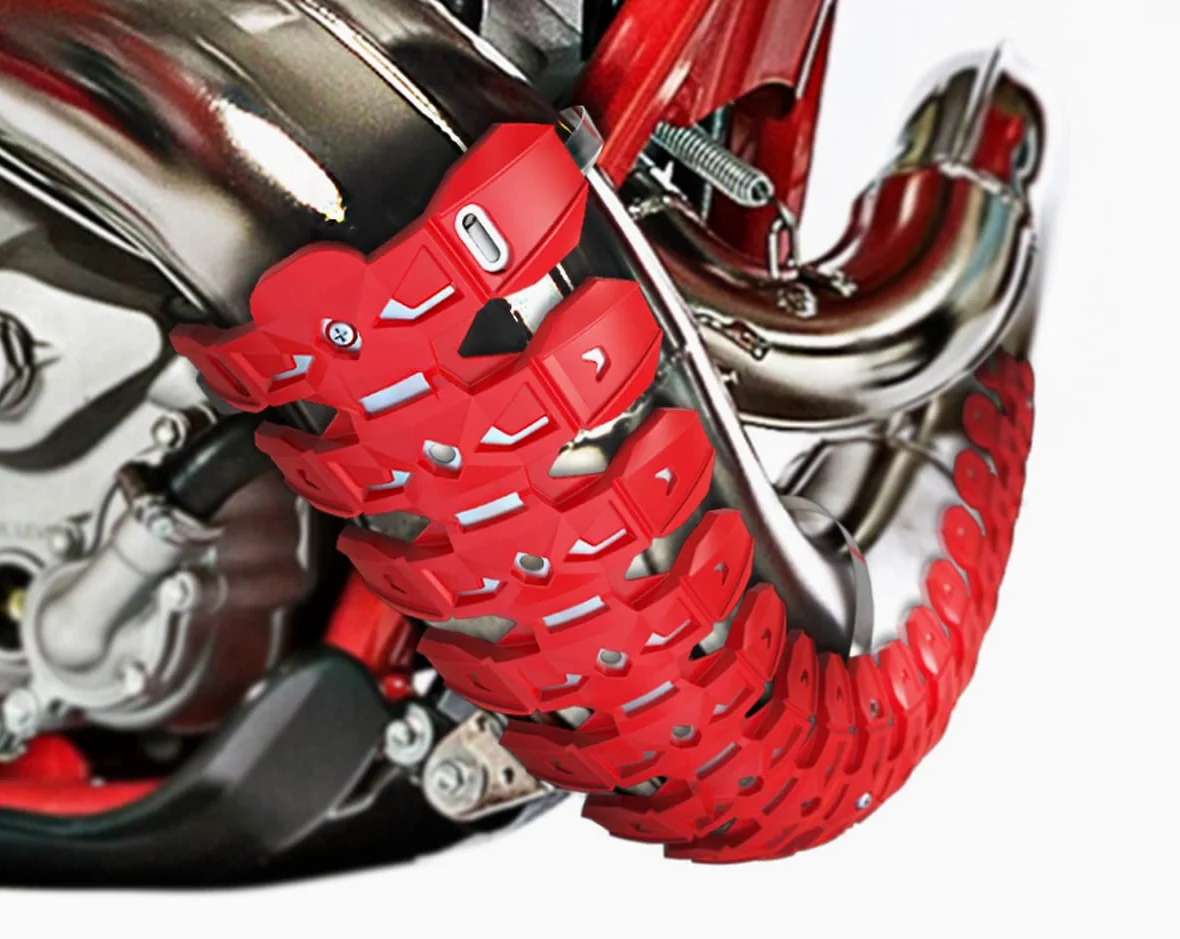 POLISPORT 8469200004 - Armadillo Pipe Protector de Escape Universal para Motos de 2 Tiempos Fabricado en Acero Inoxidable y elastómero Ligero Resistente a Las Altas temperaturas en Color Rojo