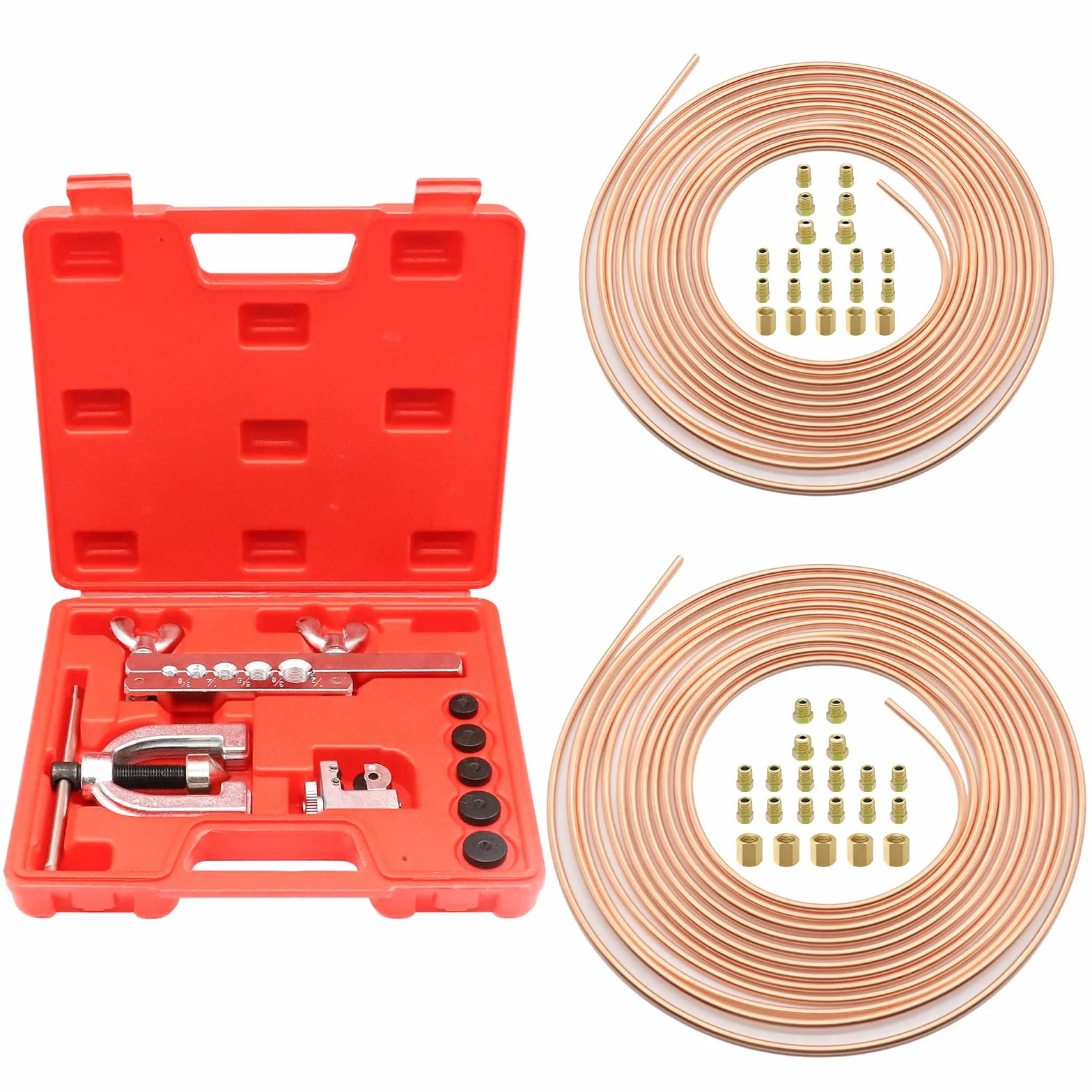 Juego de herramientas para ensanchar el tubo de freno, 7,62 m de diámetro de 4,75 + 6,35 mm de diámetro, cable de freno de acero revestido de cobre, con 32 conectores de línea de freno+10 conectores,