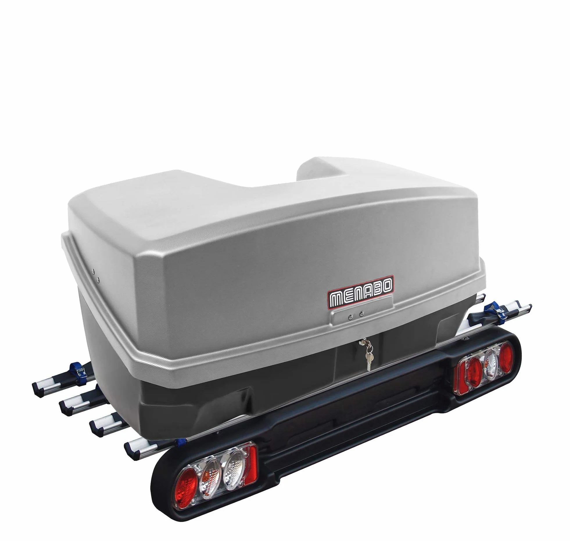 Ménabo Nekkar - Caja de transporte para portabicicletas (300 L, Gris, Dura, Montaje en portaequipajes, Se puede cerrar)