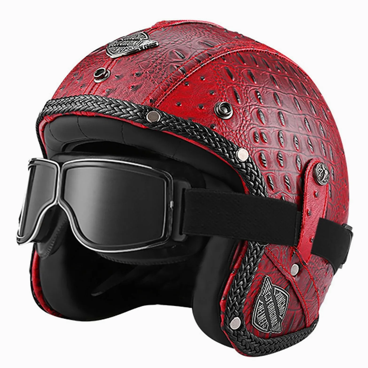 Antiguo 3/4 Casco Abierto, Adulto Hombres Mujer Retro Harley Motocicleta Medio Casco, Cuero PU Chocar Cascos con Mirada Sorprendida, para Scooter Ciclomotor Monopatín Helicóptero