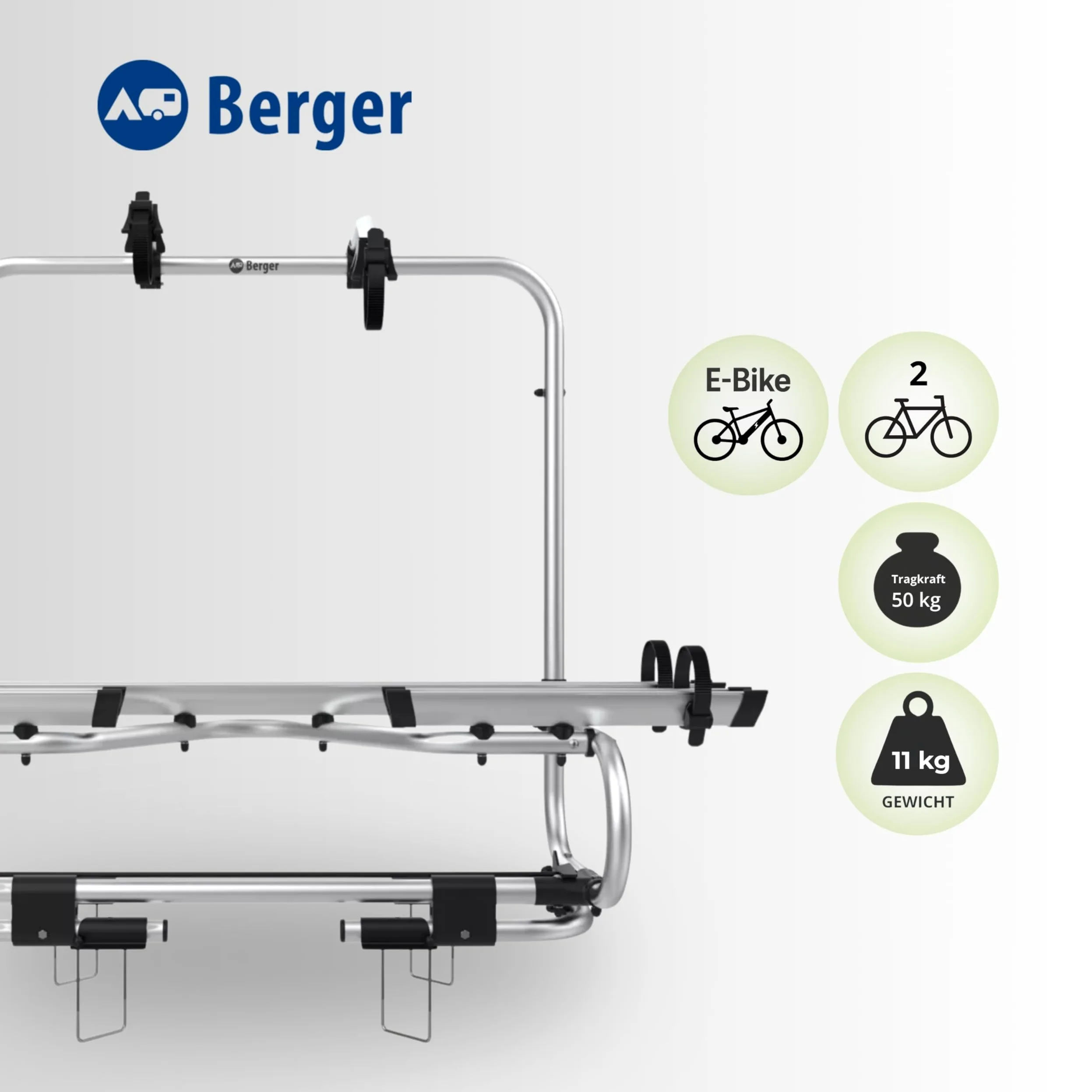 BERGER Portabicicletas para caravanas | Portabicicletas Premium 2XL para 2 bicicletas de hasta 50 kg de capacidad de carga | completamente plegable para facilitar el acceso a las aberturas de la