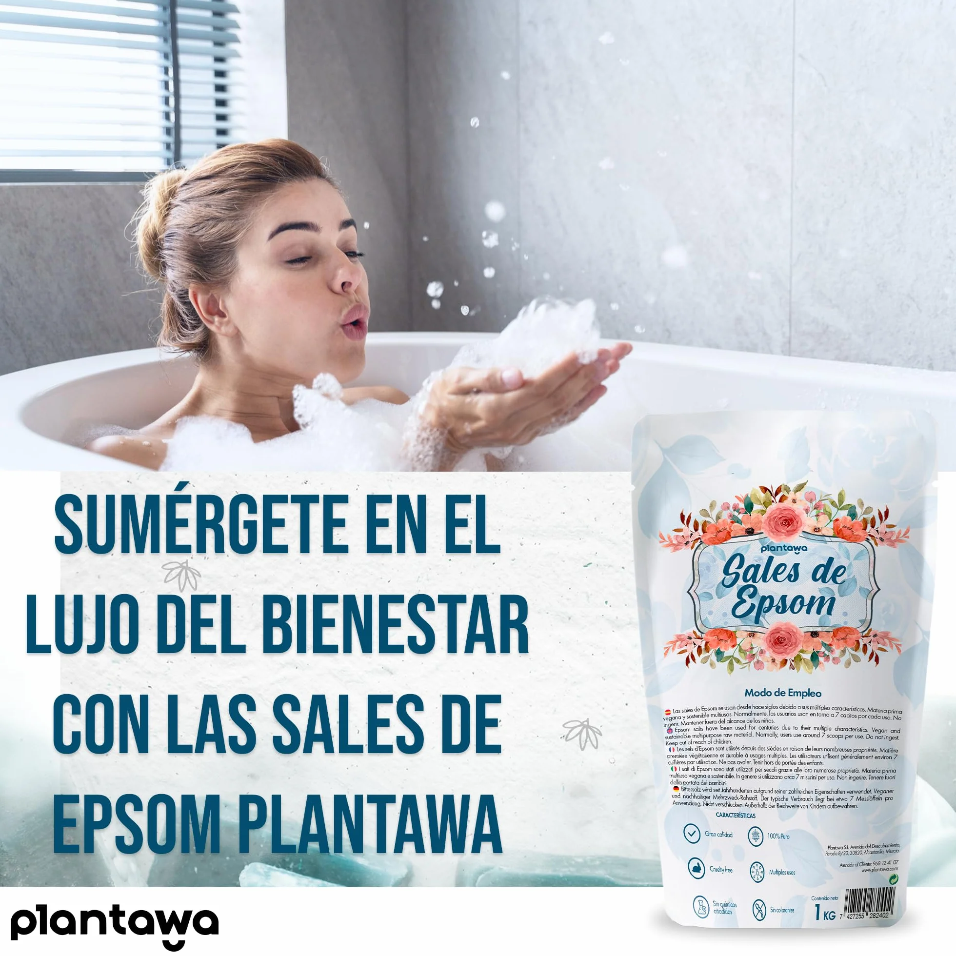Plantawa Sales de Epsom 1KG | Sal de Baño Concentrado de Magnesio Puro | 100% Naturales para Baño Relajante