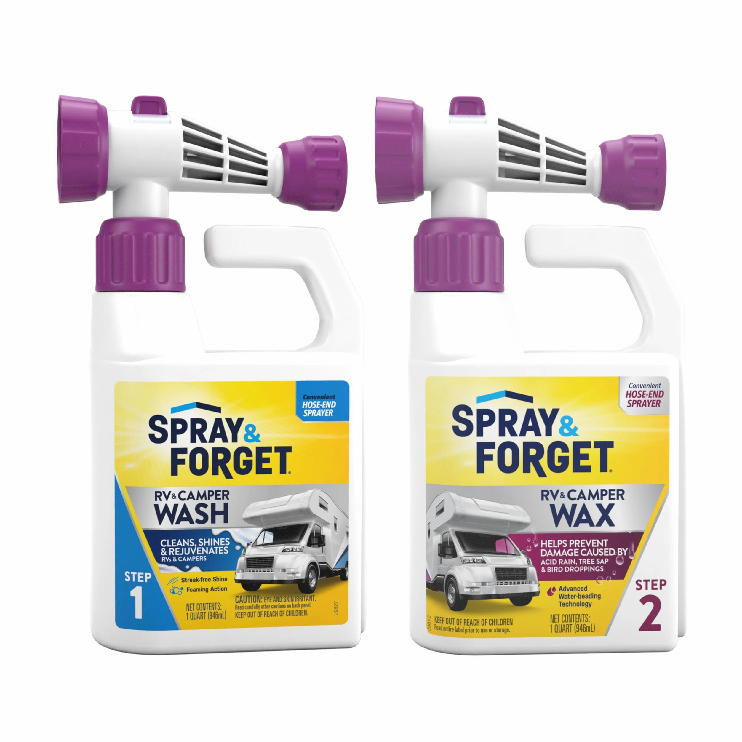 Spray & Forget Combo de lavado y cera para caravana y cámper, incluye lavado de RV y cámper (1 cuarto de galón) y cera para caravana y caravana (1 cuarto de galón) con prácticos adaptadores de extremo