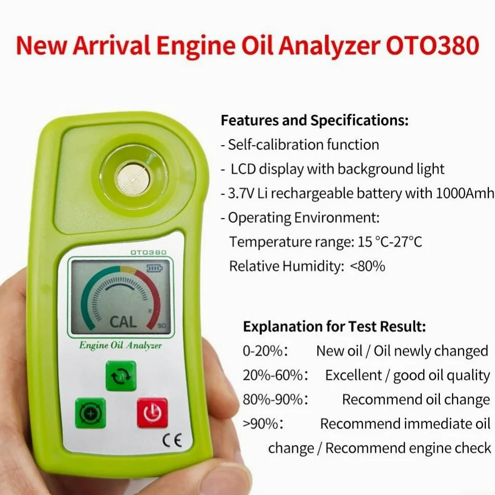 Analizador digital de aceite de motor OTO380 con pantalla LCD, sensor de precisión 0-90%, autocalibración, carga USB-C, apagado automático para combustible diésel y diagnóstico de vehículos