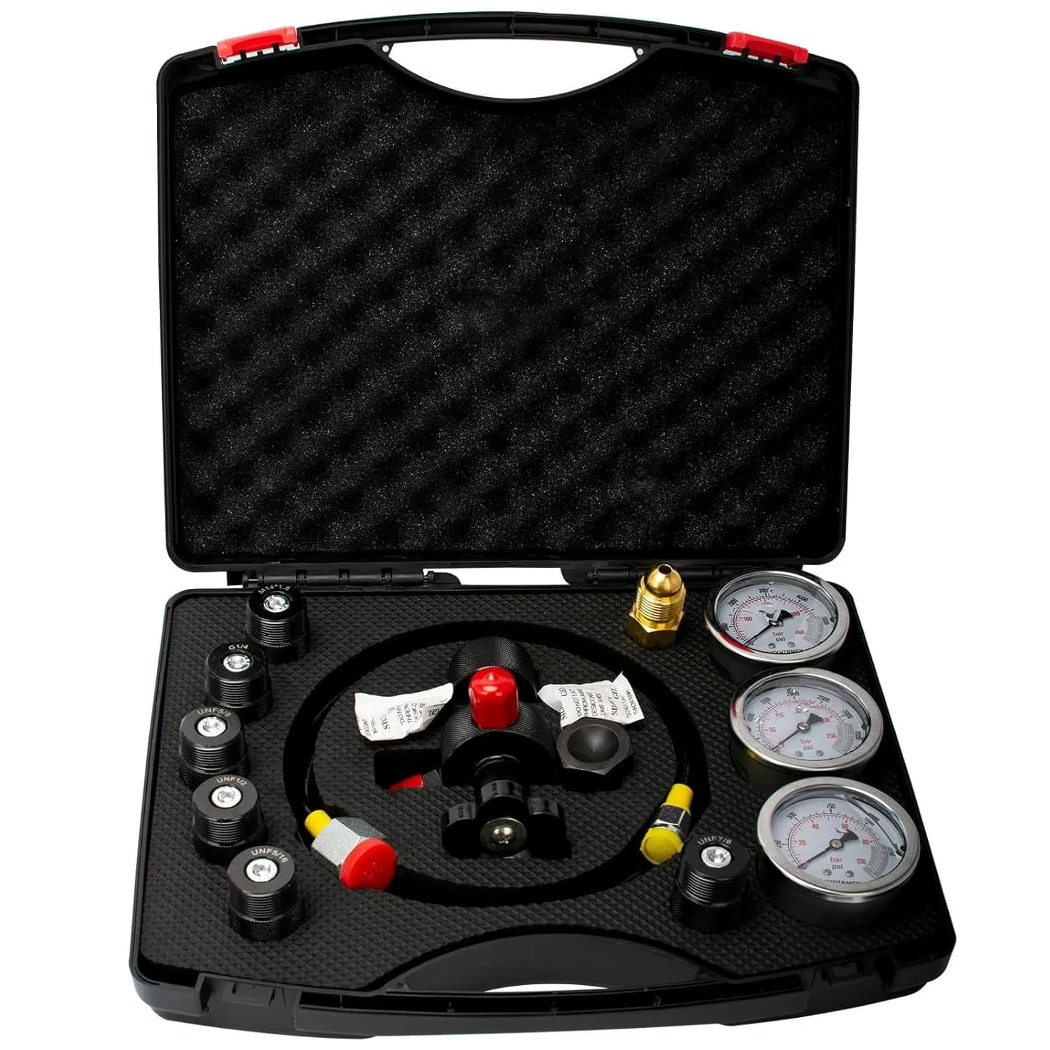 Kit de carga para prueba de acumulador de nitrógeno hidráulico, kit de llenado para prueba de presión de nitrógeno, con 3 manómetros, 7 acoplamientos y 1 manguera de gas para sistema de prueba de pr