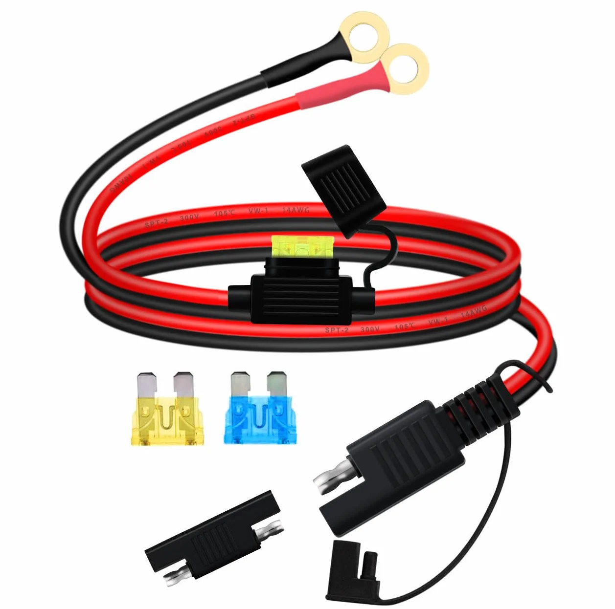 SAE Cable con Terminal de Anillo Cable Cargador Bateria Moto 14AWG 20A Cable Bateria Moto SAE con Fusible para Motocicletas, Paneles Solares, Automóviles, Barcos (1 m)