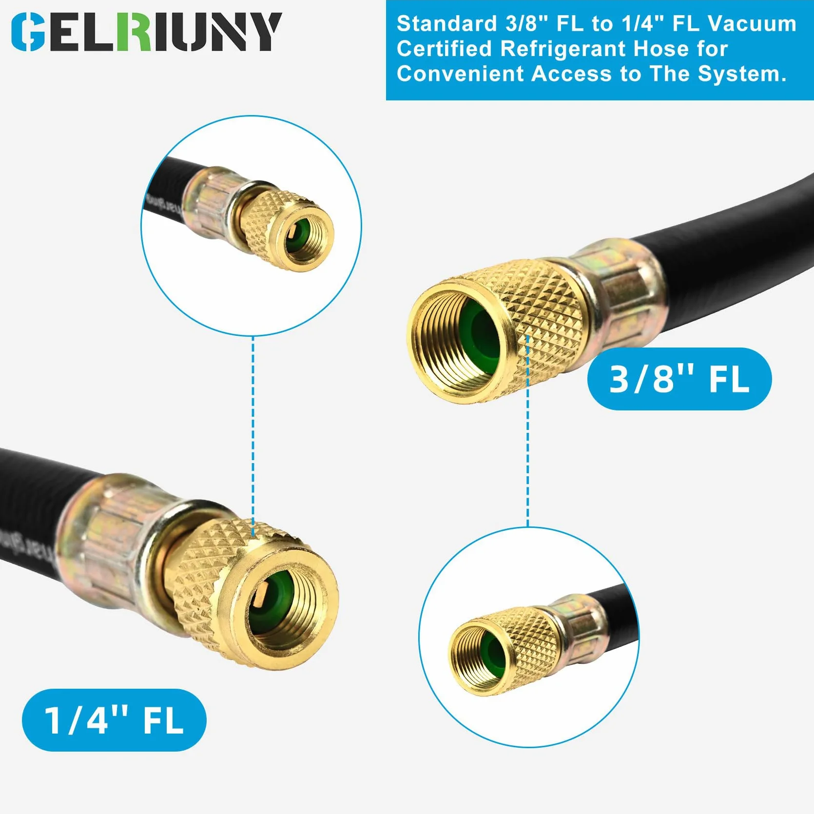 HV1S - Manguera de vacío de 3/8 pulgadas, accesorios: 3/8 pulgadas x 1/4 pulgadas, presión de trabajo: 800 (Psi), presión de ráfaga: 4000 (Psi), compatible con la mayoría de equipos de refrigeración y