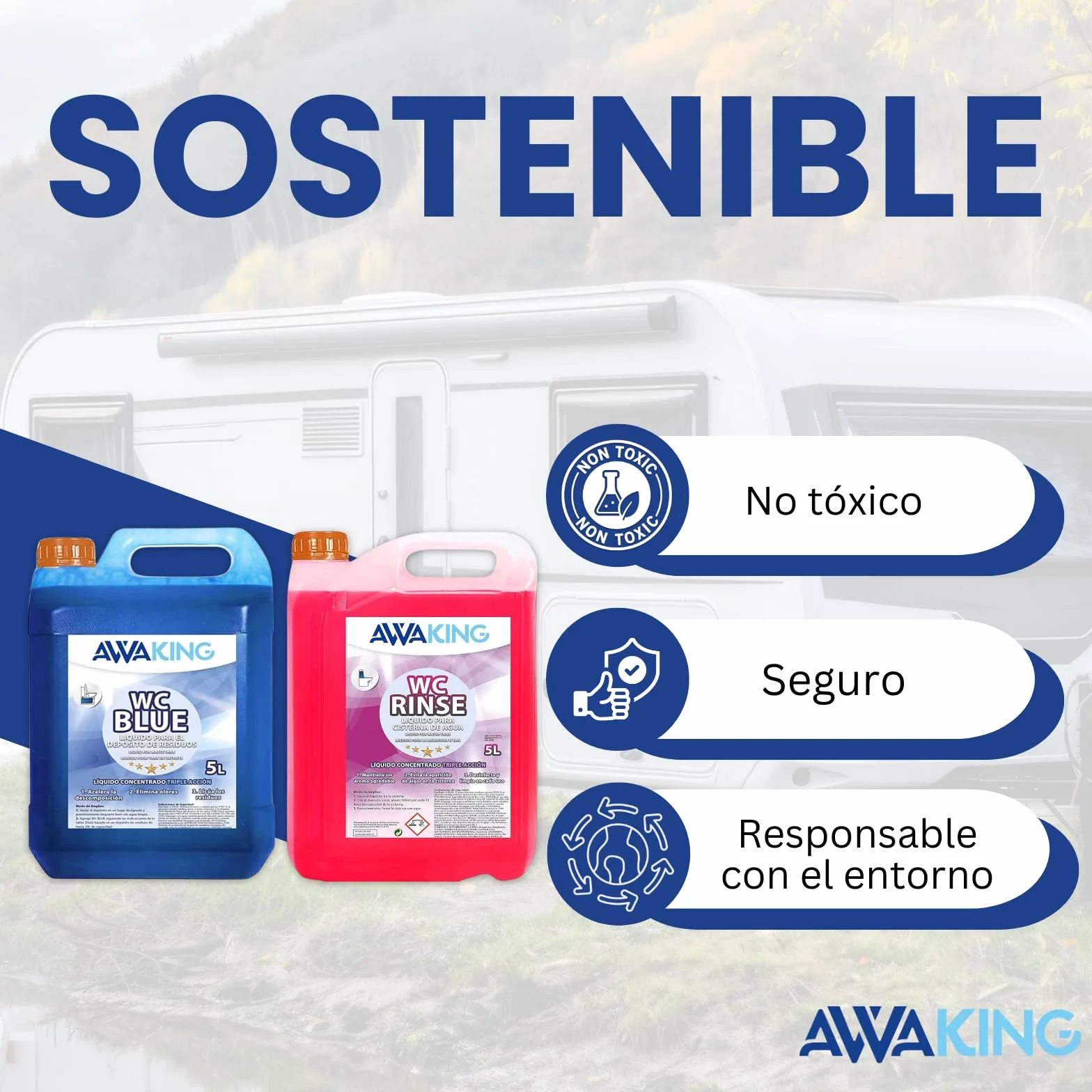 Liquido WC Quimico Caravana WC Blue 5L + Rinse 5L,Liquido Autocaravanas Aditivo Aguas Negras + Concentrado Taza WC Cisterna,Caravanas,Depósito Residuos Autocaravanas,Sanitary Fluid,Líquido Potty