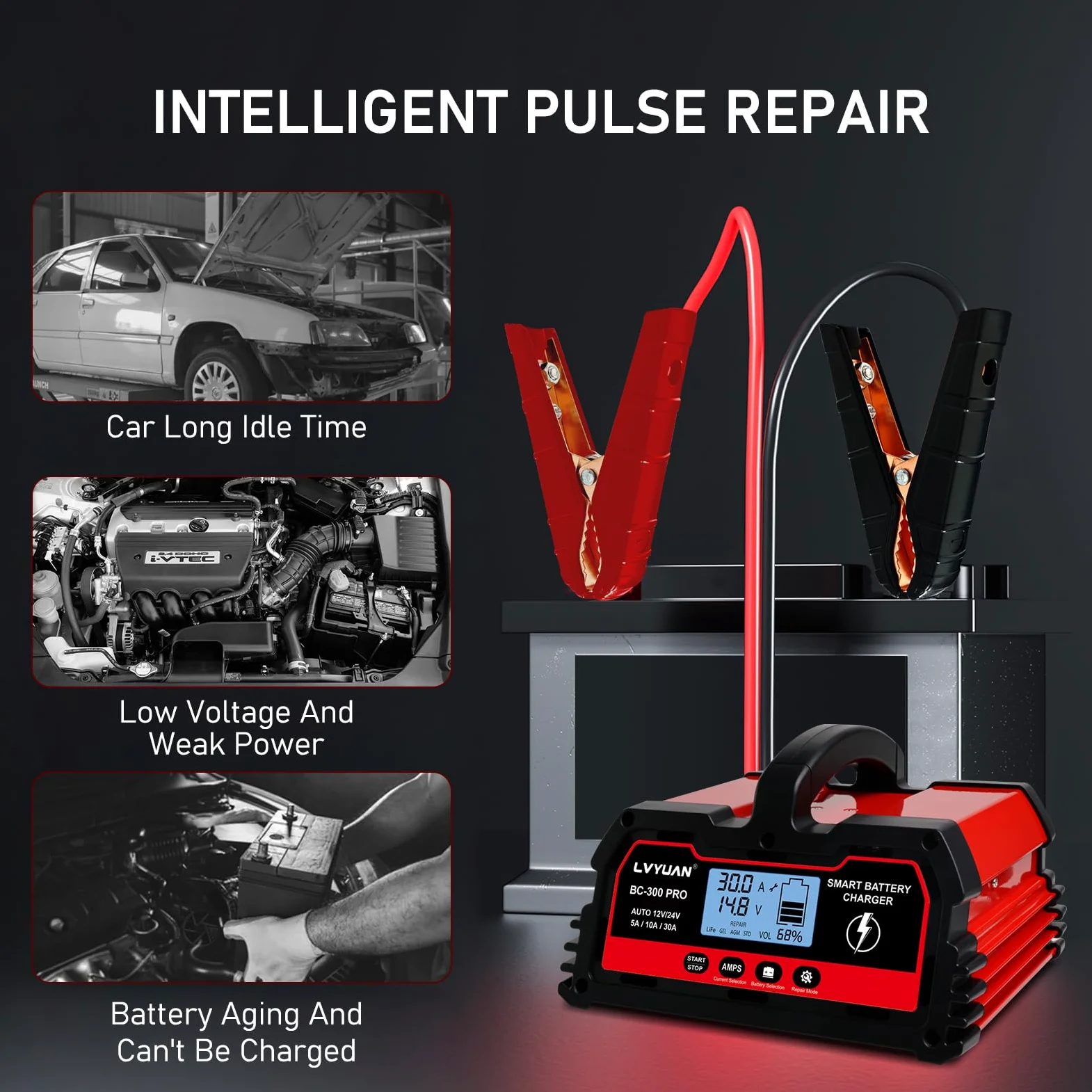 LVYUAN Cargador de batería Inteligente de Coche de 30 amperios, Cargador automotriz de 12 V/24 V, batería de Plomo-ácido, mantenedor de batería LiFePO4 con Pantalla LCD, Cargador de Goteo, para